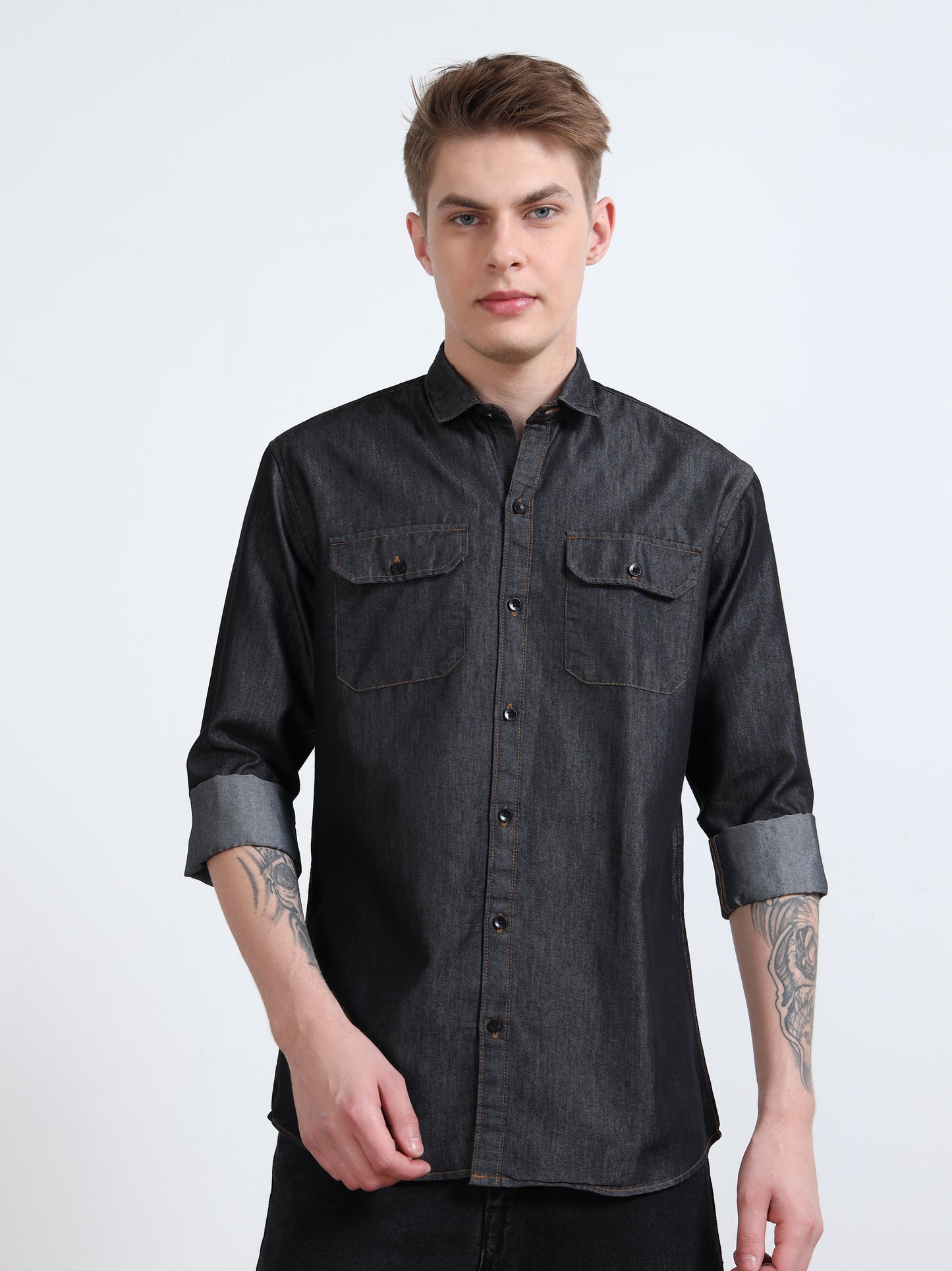 Solid Dark Grey Denim Shirt for Men