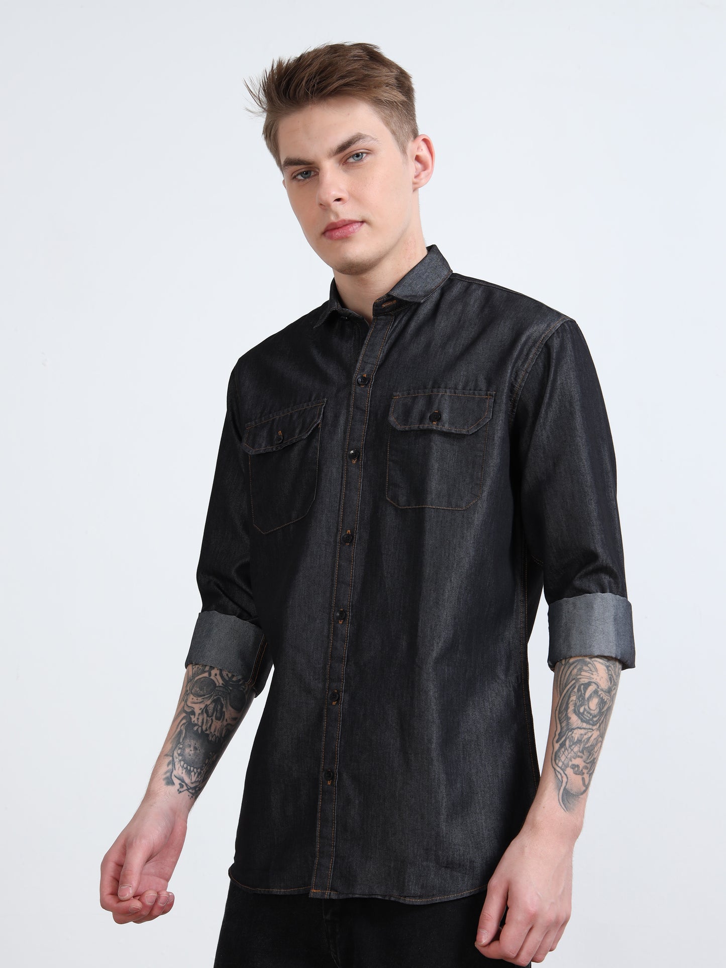 Solid Dark Grey Denim Shirt for Men