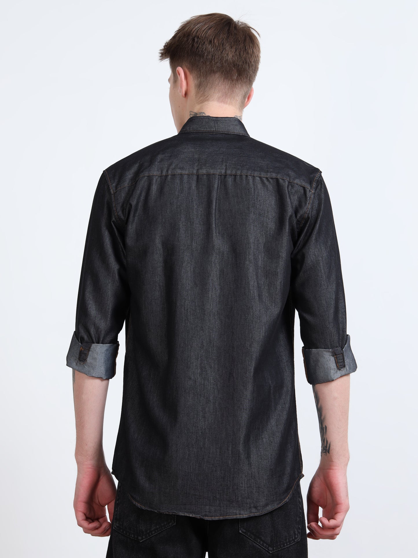 Solid Dark Grey Denim Shirt for Men