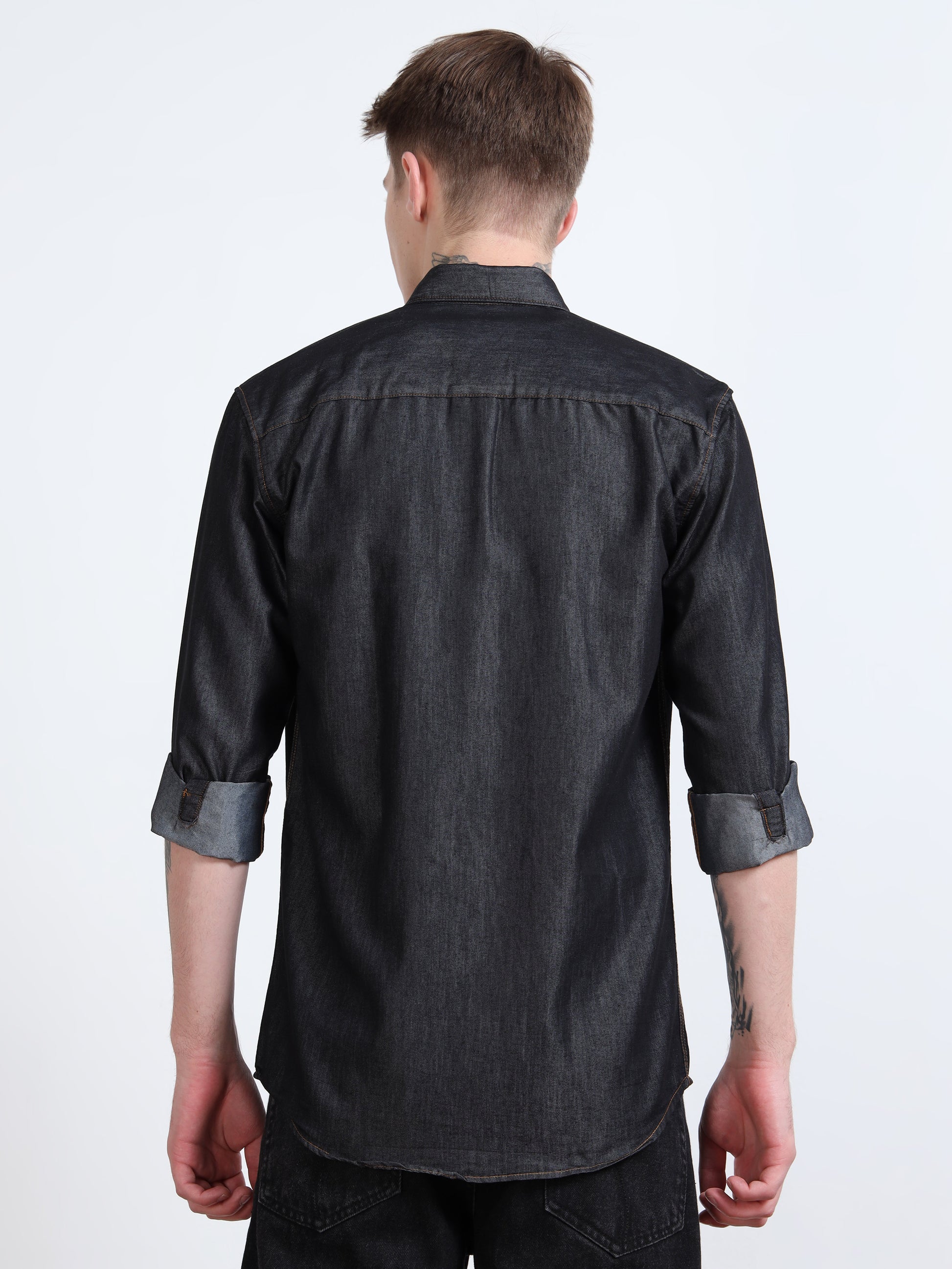 Solid Dark Grey Denim Shirt for Men
