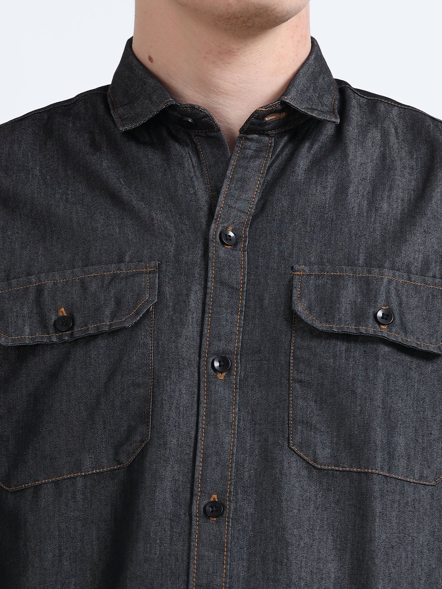 Solid Dark Grey Denim Shirt for Men