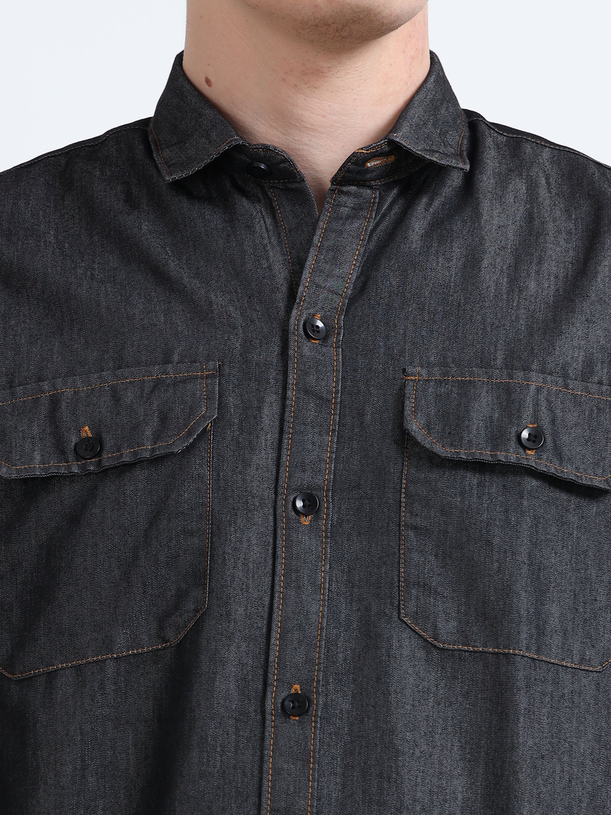Solid Dark Grey Denim Shirt for Men