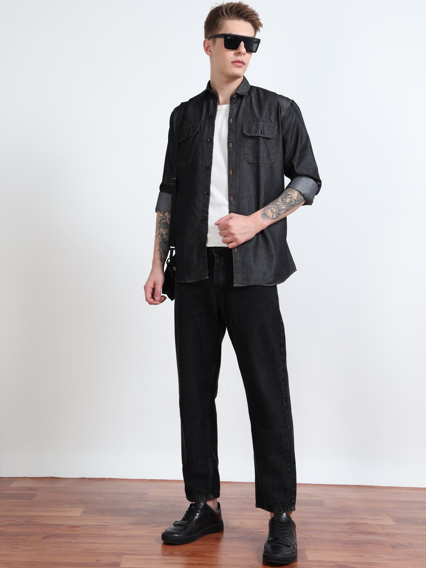 Solid Dark Grey Denim Shirt for Men