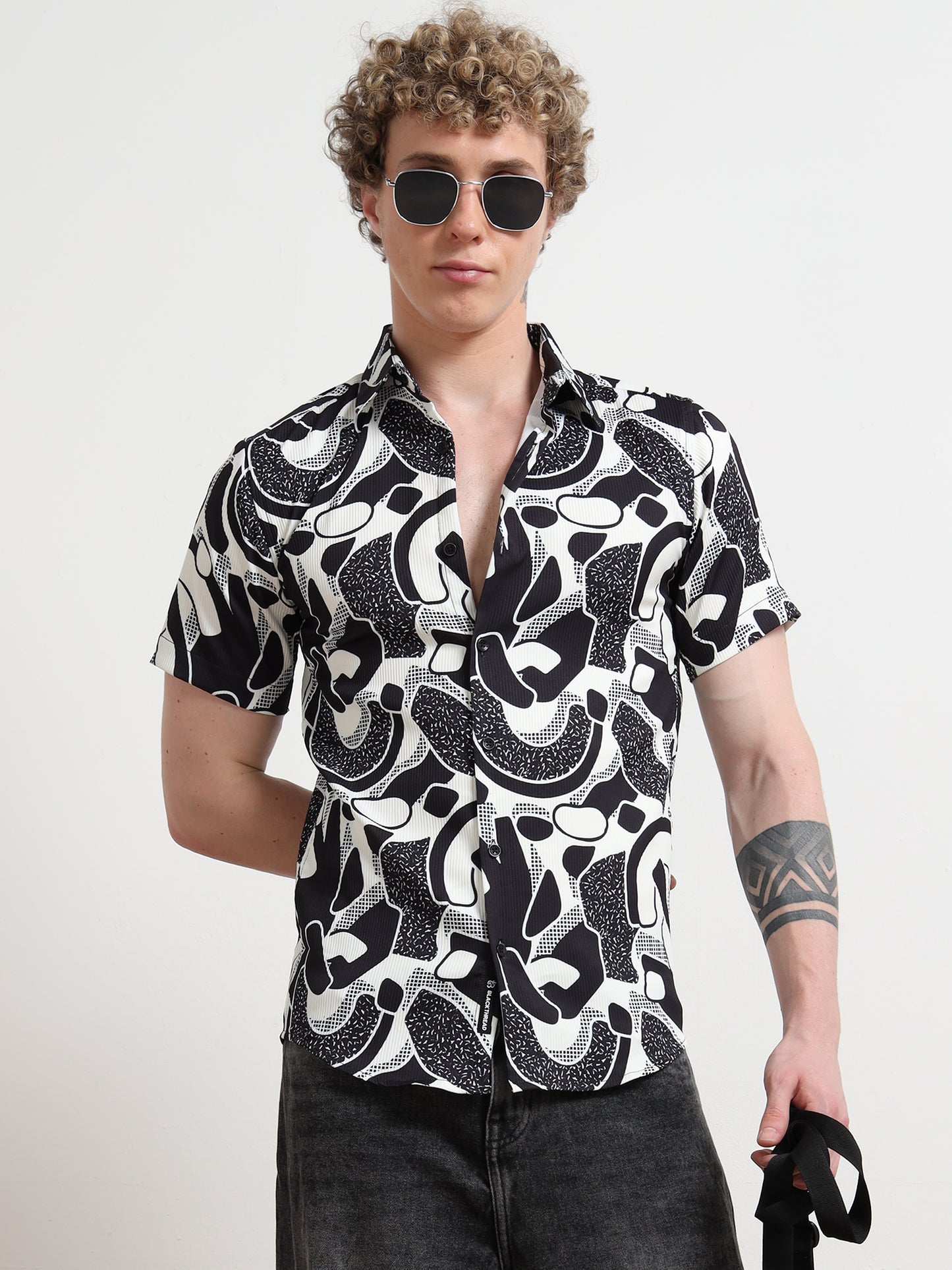 Poly Cotton Digital Black And White Print Shirt for Men