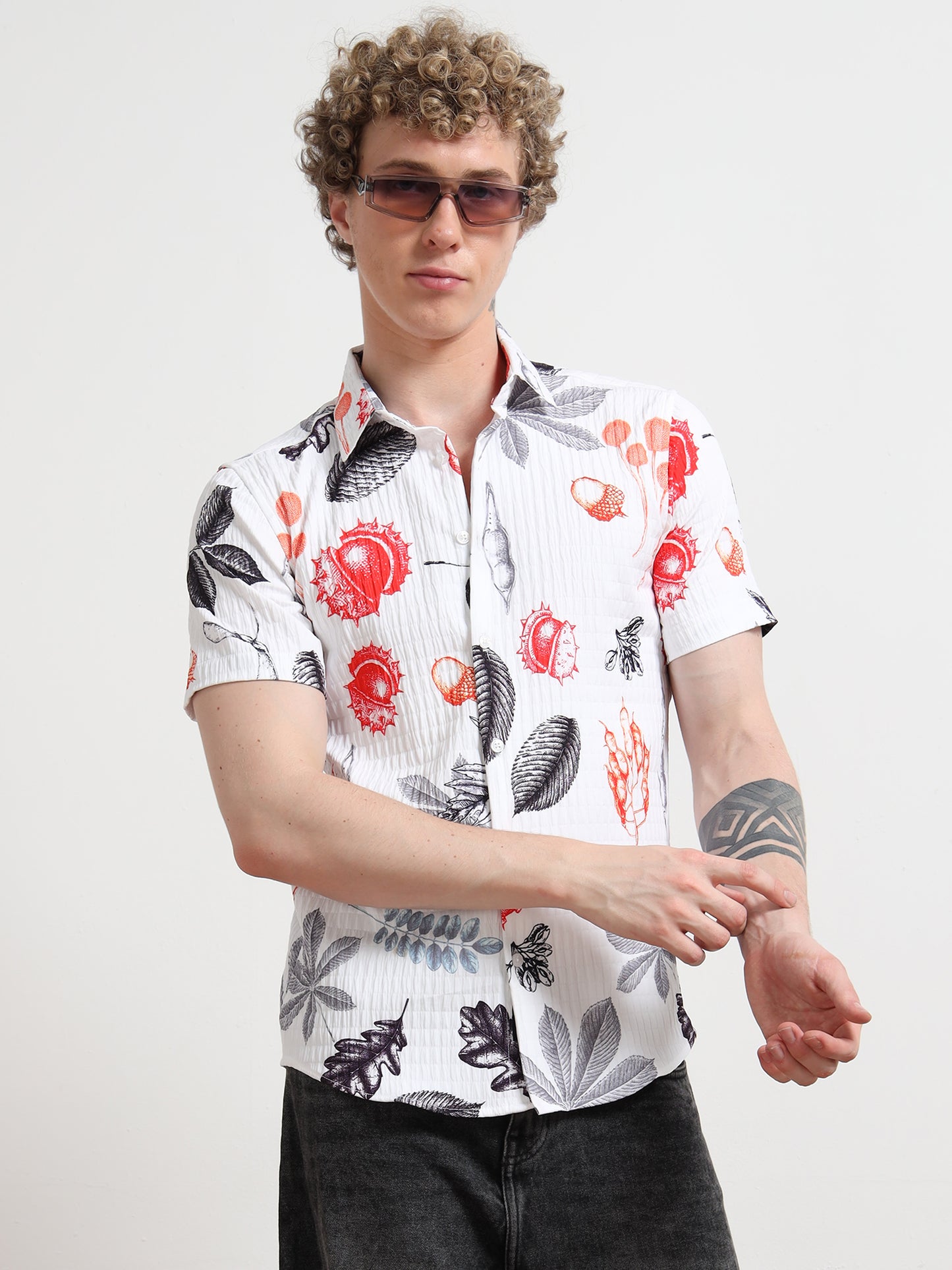 Leaf White Half Sleeve Digital Print Shirt