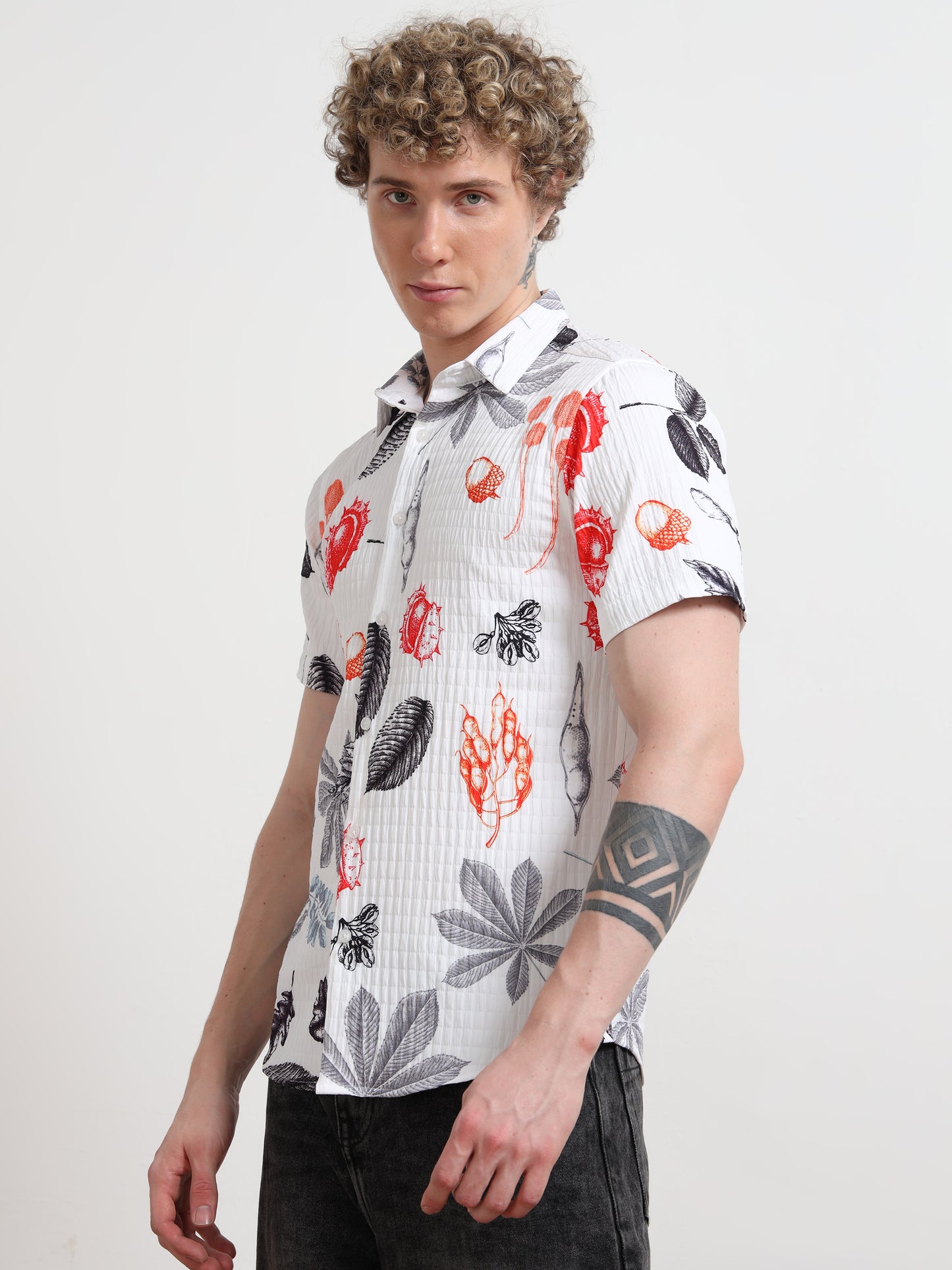 Leaf White Half Sleeve Digital Print Shirt