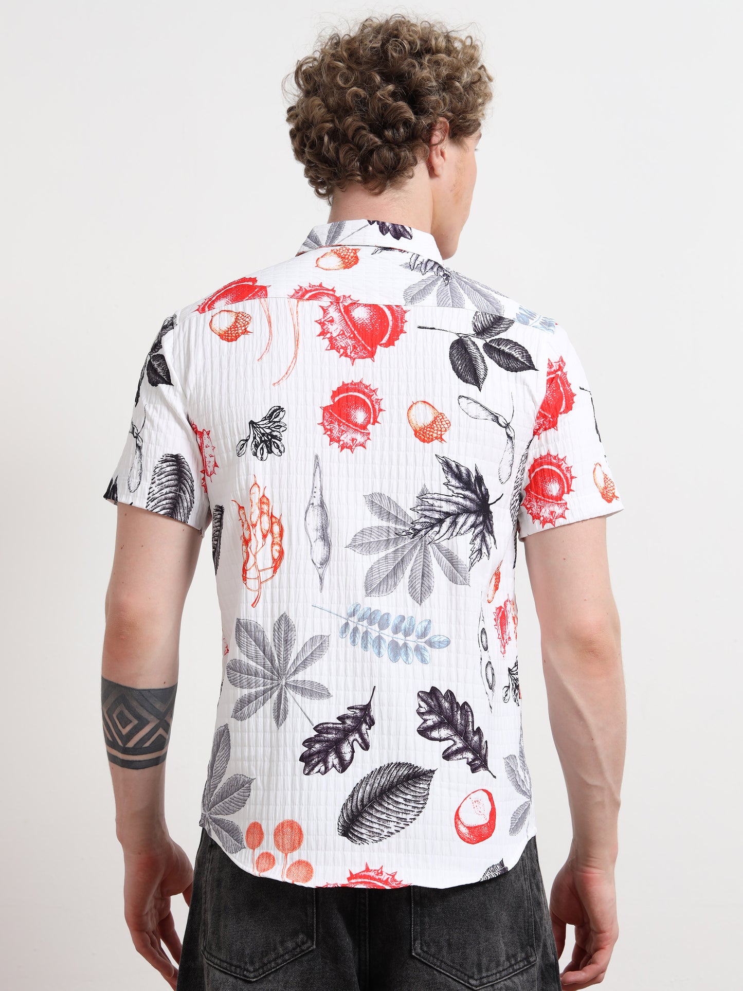 Leaf White Half Sleeve Digital Print Shirt
