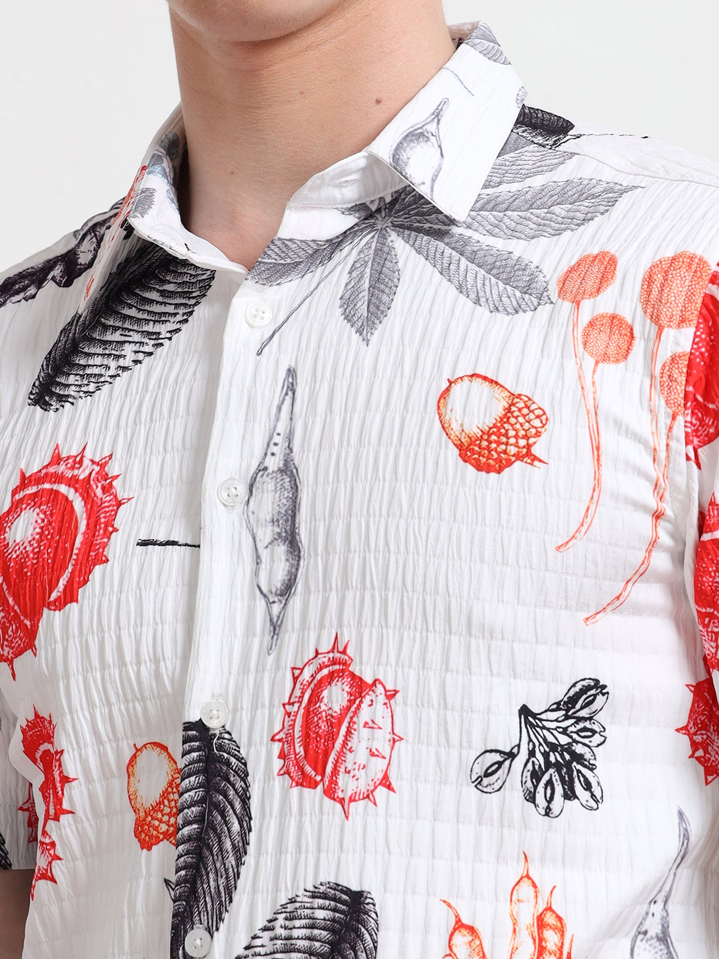 Leaf White Half Sleeve Digital Print Shirt