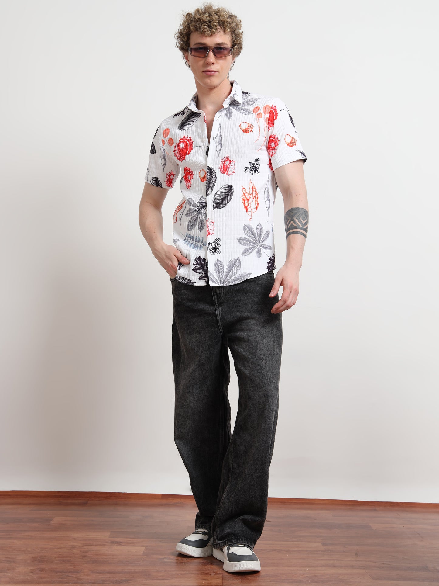 Leaf White Half Sleeve Digital Print Shirt