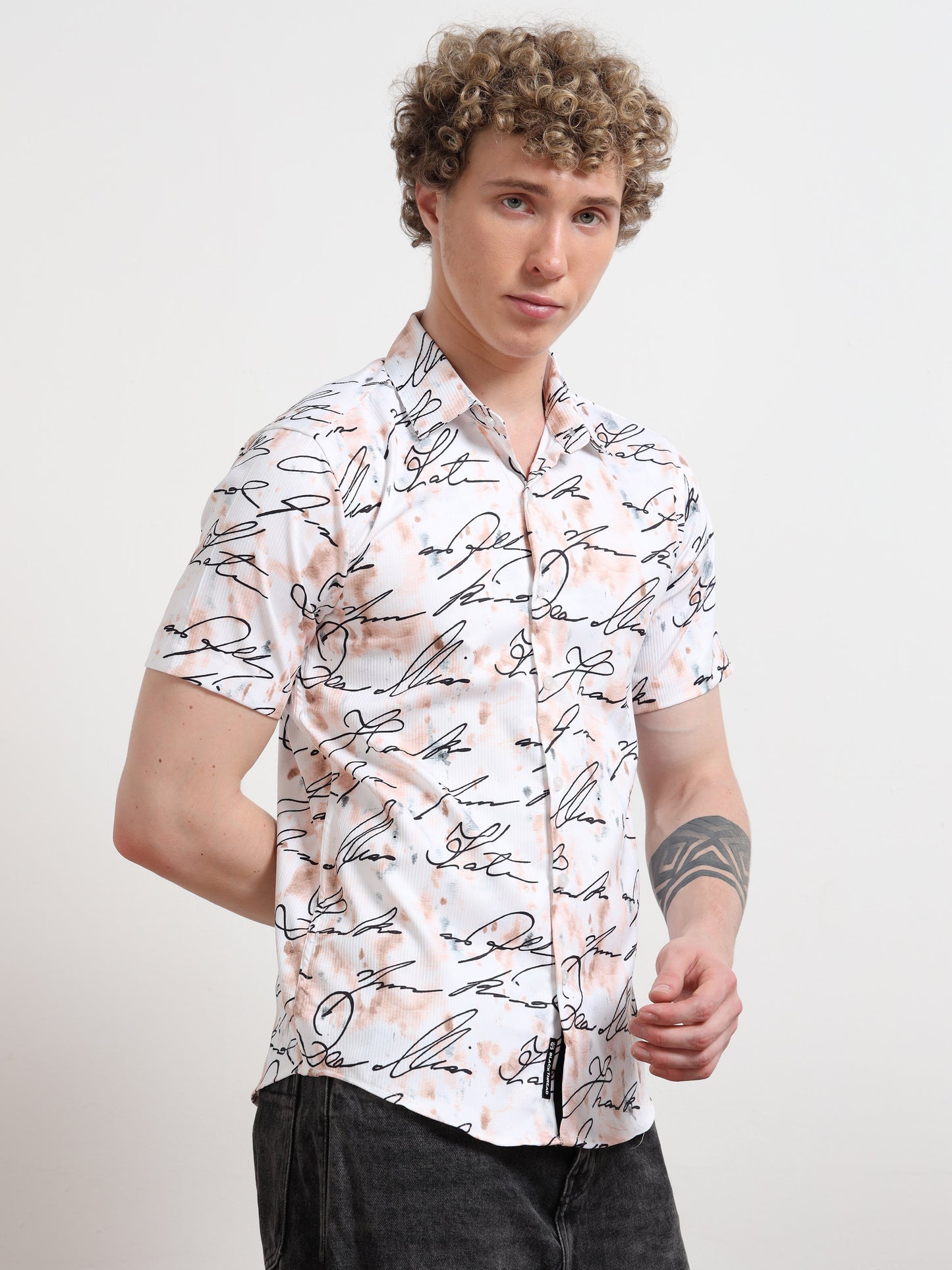 Calligraphy White Black Print Shirt for Men