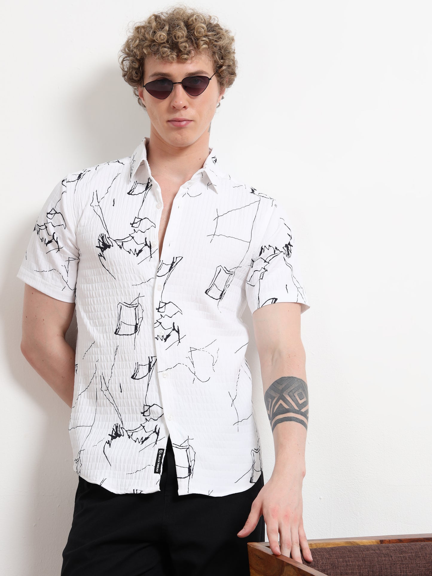 Poly Cotton White Shirt With Black Print for Men