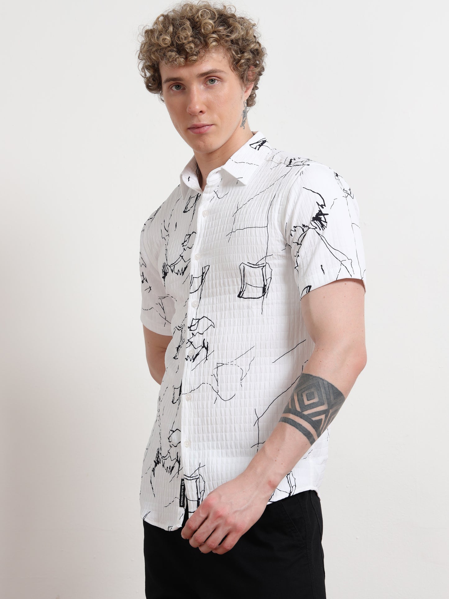 Poly Cotton White Shirt With Black Print for Men