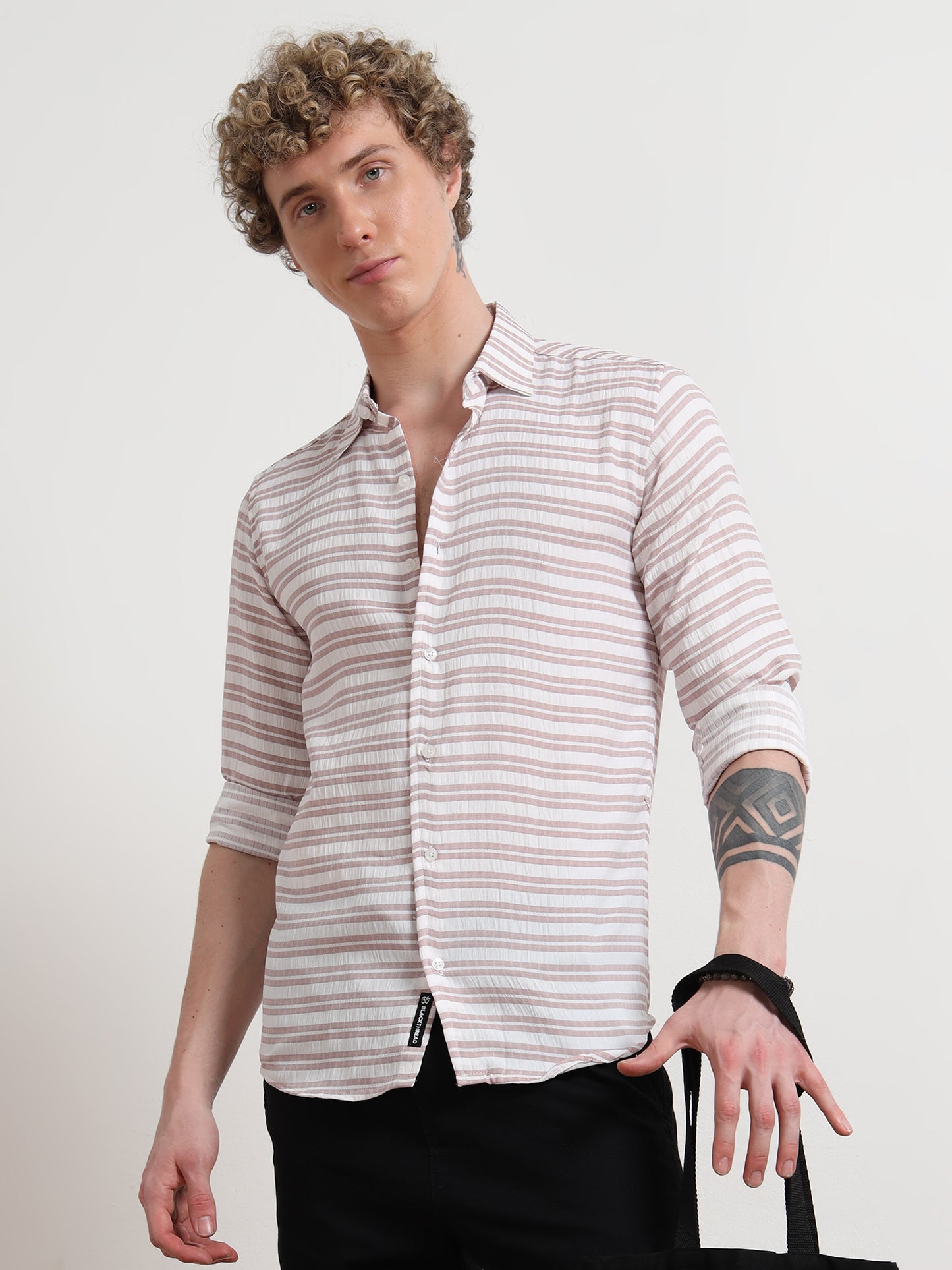 Full Sleeve Brown Mens Horizontal Striped Shirt