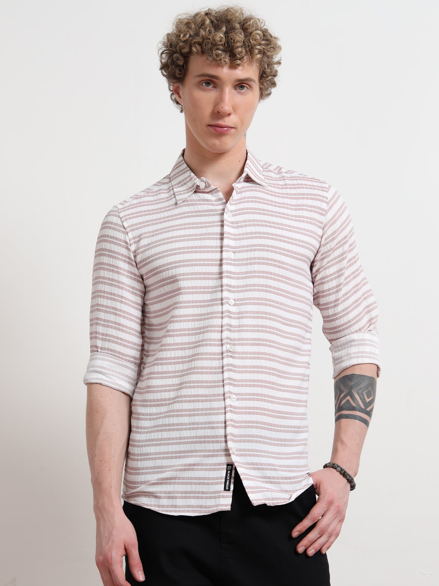 Full Sleeve Brown Mens Horizontal Striped Shirt