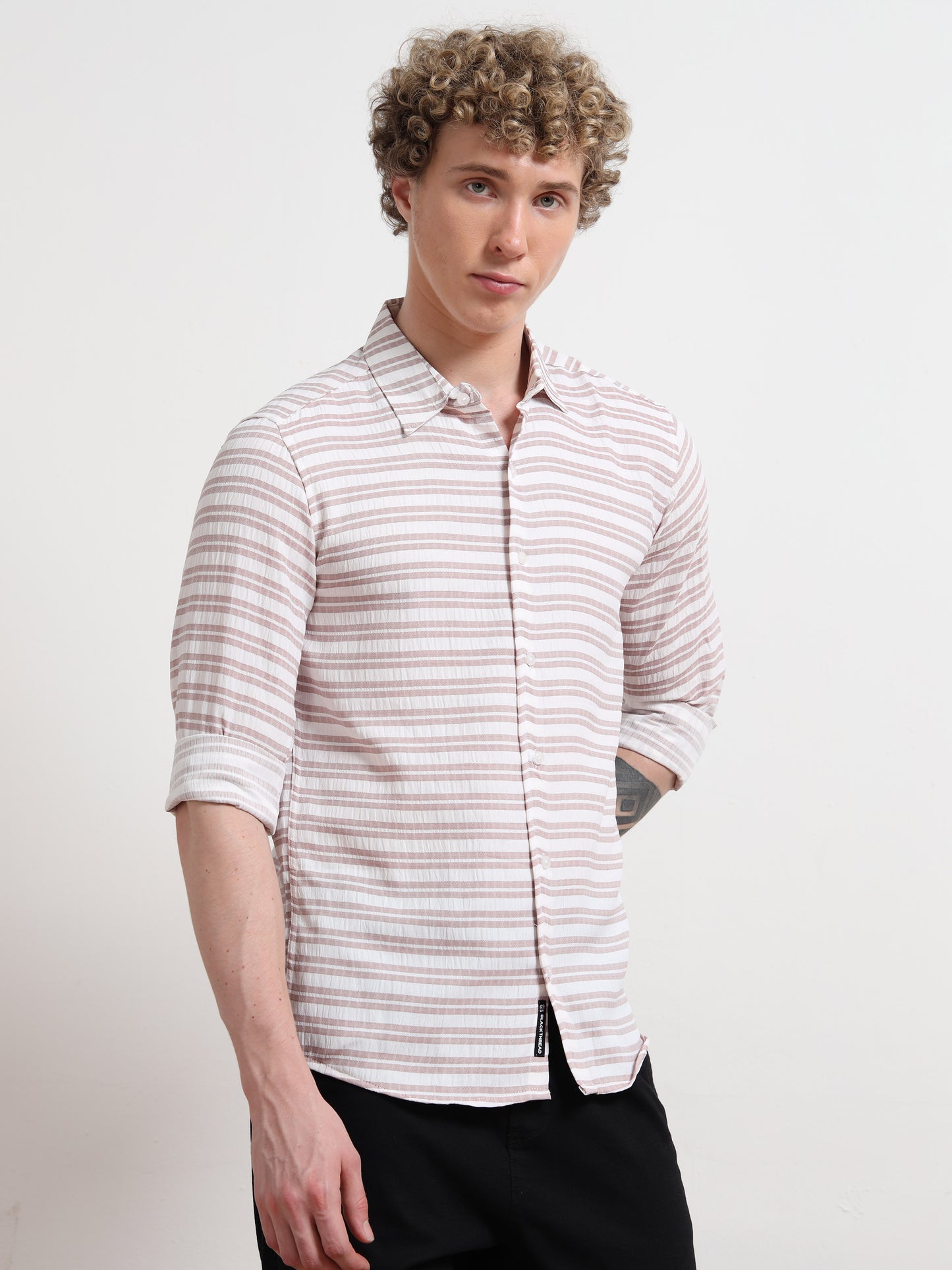 Full Sleeve Brown Mens Horizontal Striped Shirt