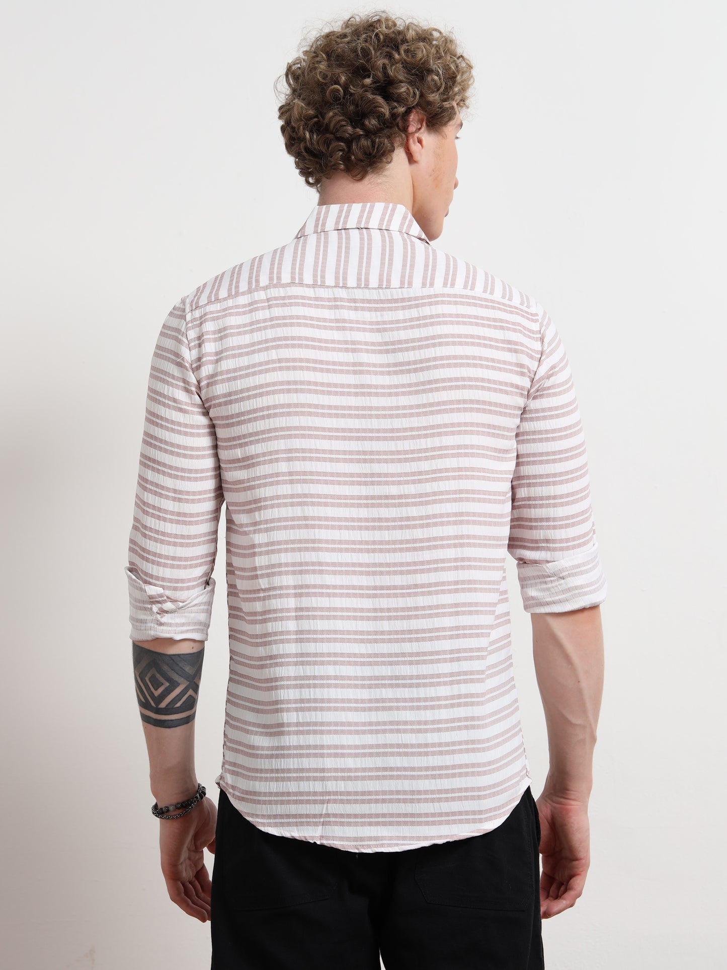Full Sleeve Brown Mens Horizontal Striped Shirt