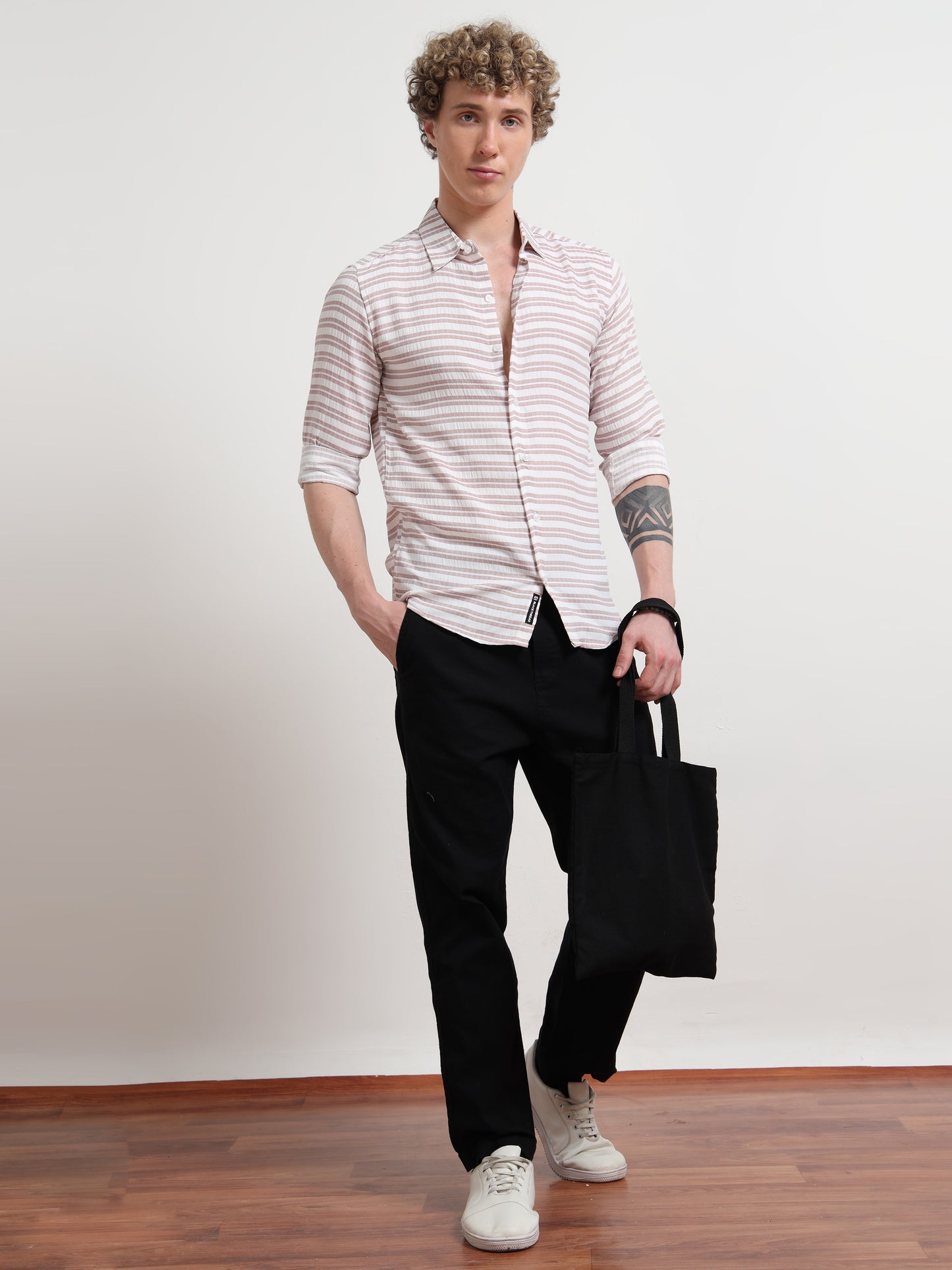 Full Sleeve Brown Mens Horizontal Striped Shirt