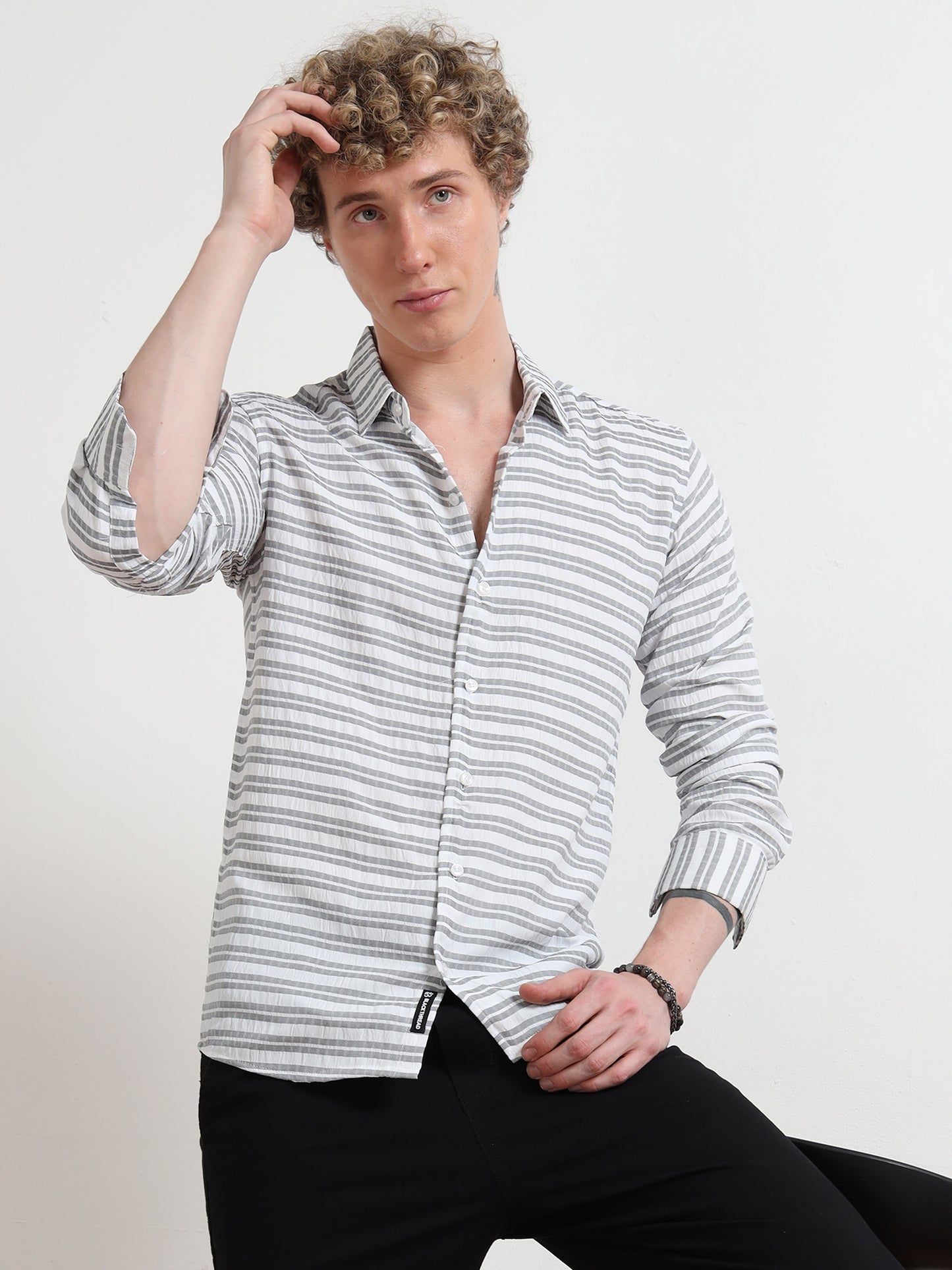 Full Sleeve Grey Shirt Horizontal Stripes for Men