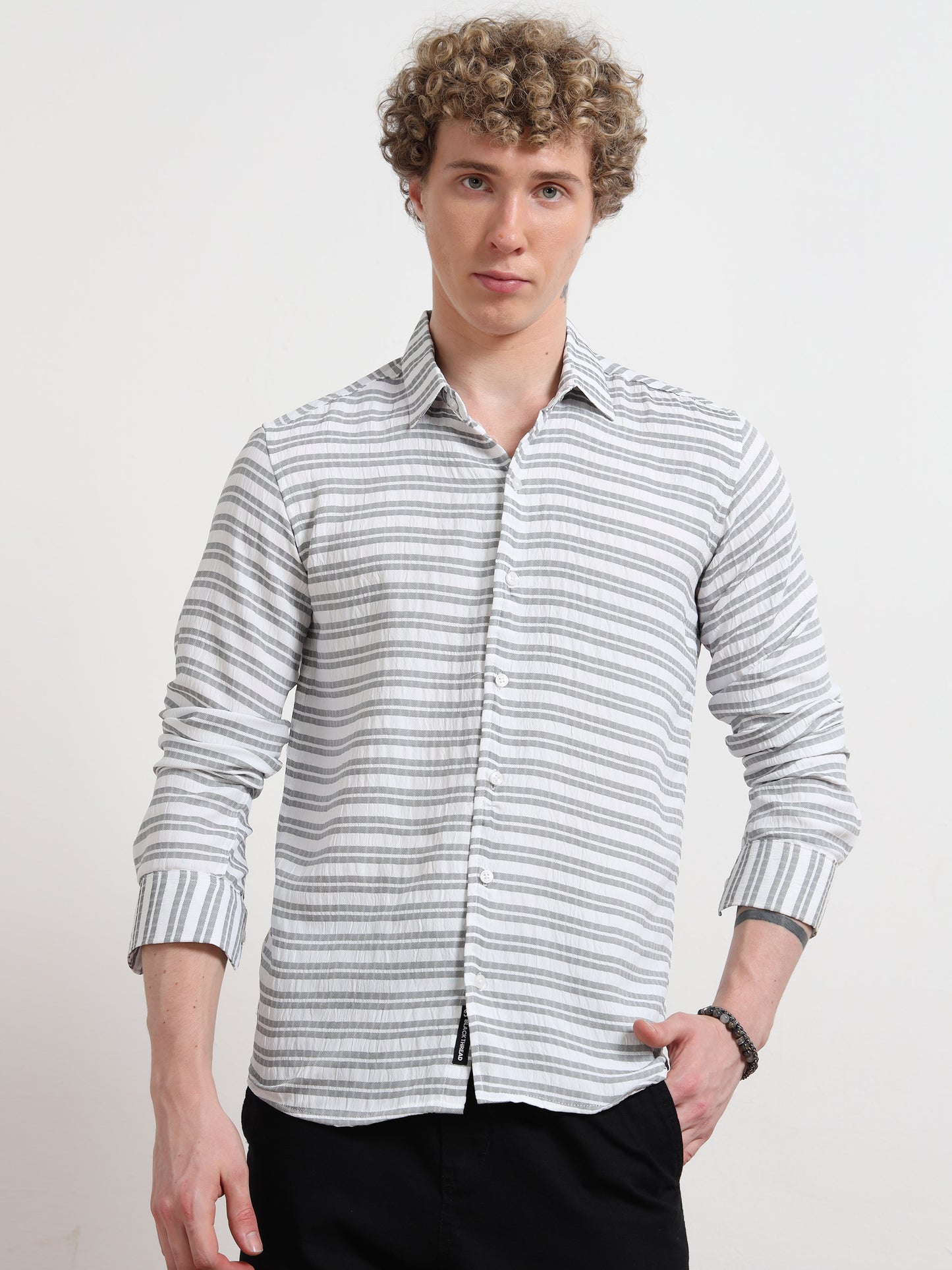 Full Sleeve Grey Shirt Horizontal Stripes for Men