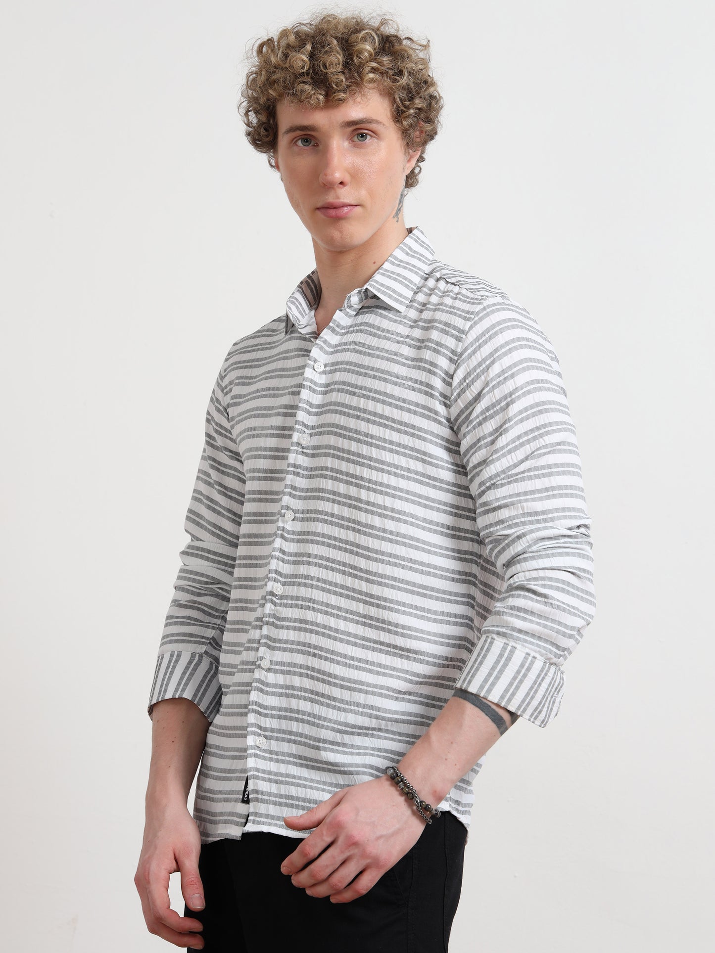 Full Sleeve Grey Shirt Horizontal Stripes for Men