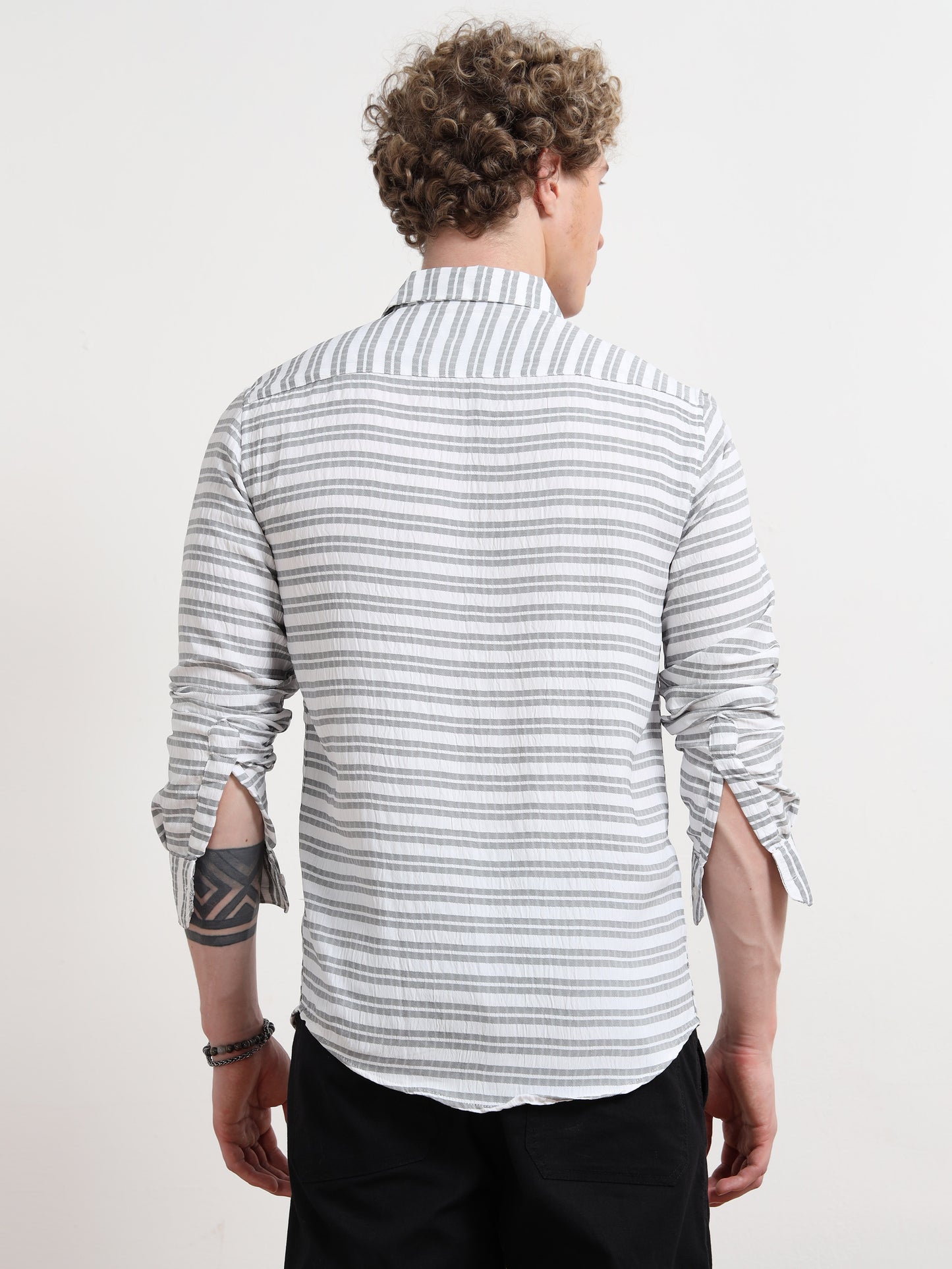 Full Sleeve Grey Shirt Horizontal Stripes for Men