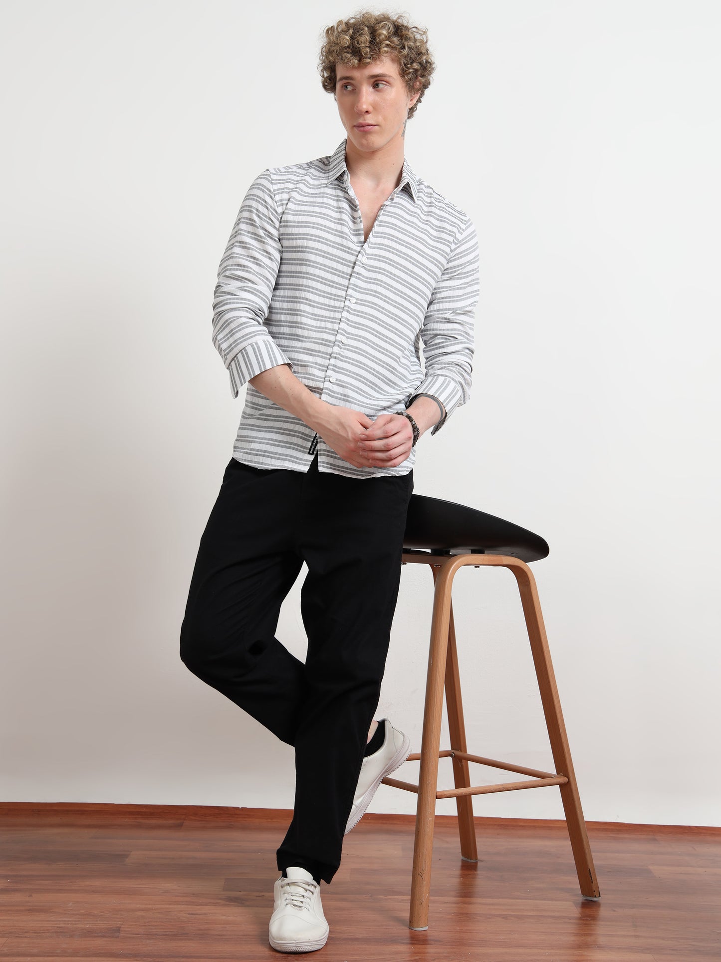 Full Sleeve Grey Shirt Horizontal Stripes for Men