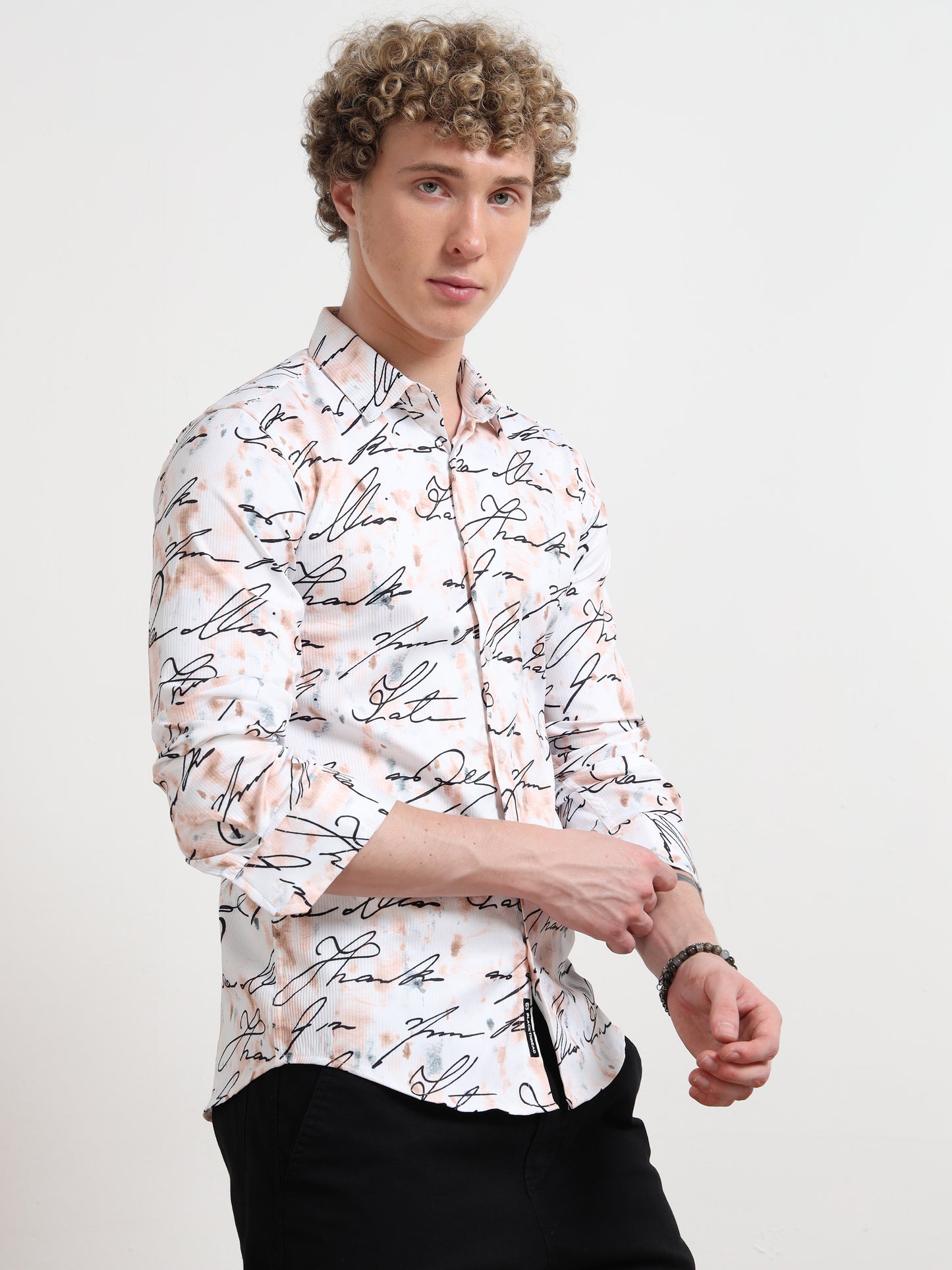 Cotton Printed White Calligraphy Shirt for Men