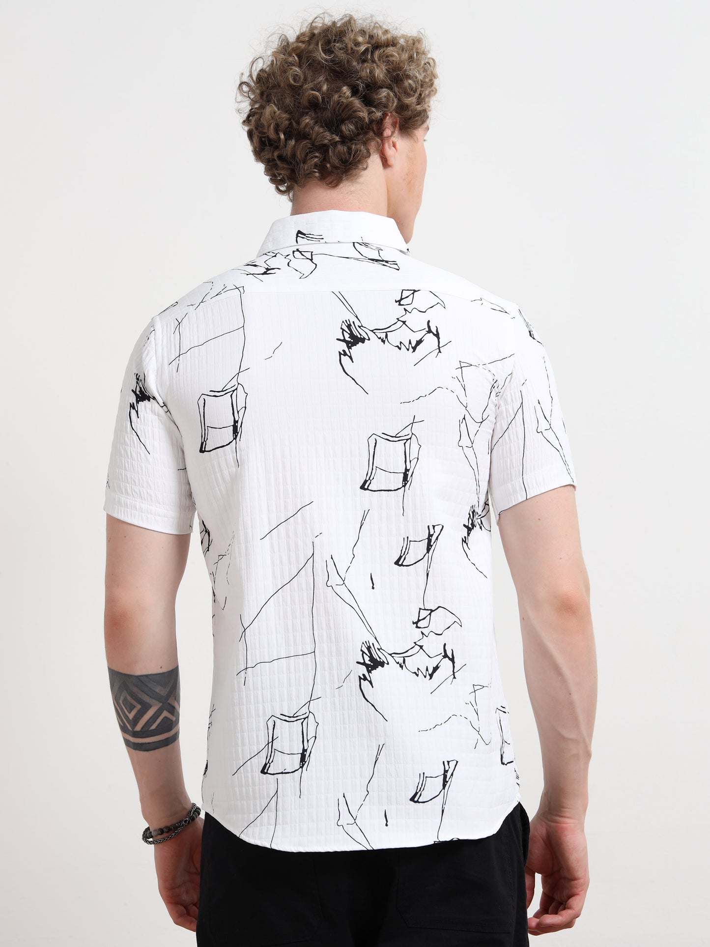 Half Sleeve Abstract White Shirt Black Print for Men