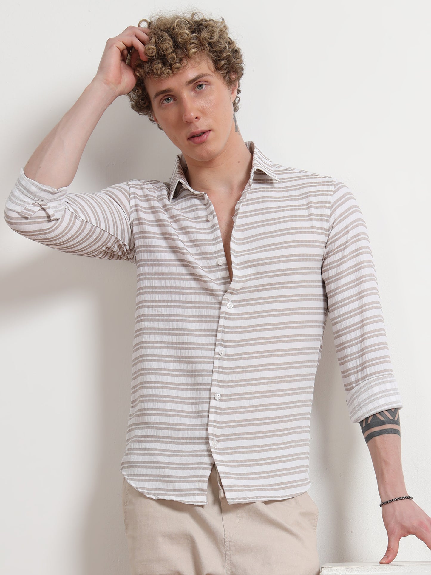 Brown Full Sleeve Horizontal Pinstripe Shirt