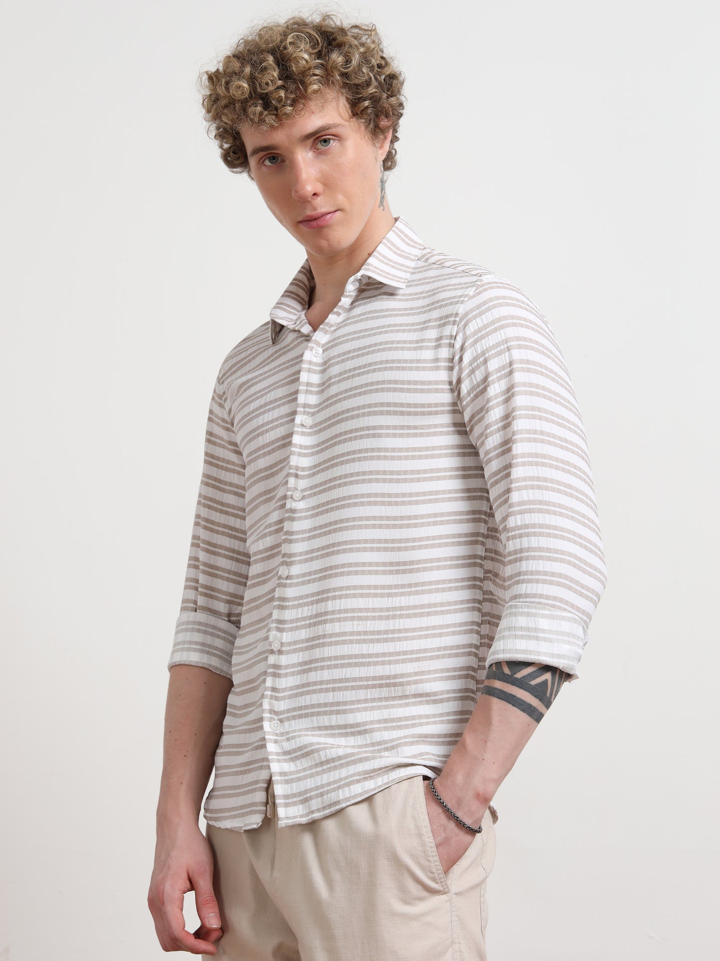 Brown Full Sleeve Horizontal Pinstripe Shirt