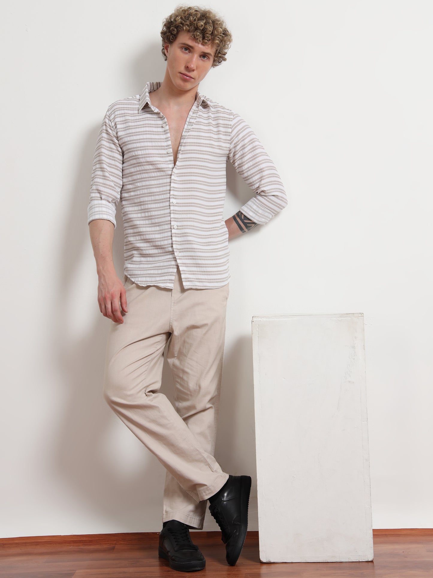 Brown Full Sleeve Horizontal Pinstripe Shirt