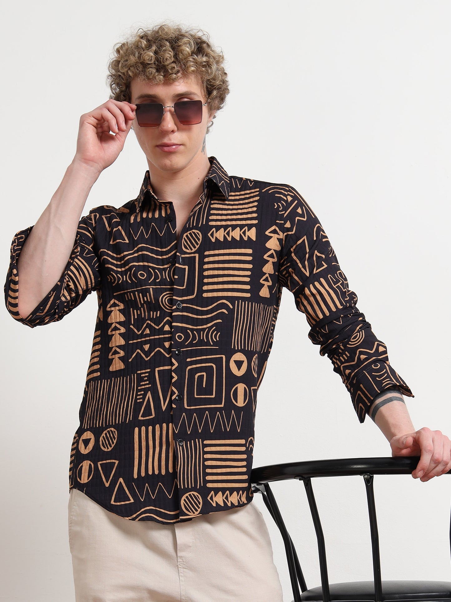 Aesthetic Black Full sleeve Poly Cotton Digital Print Shirts