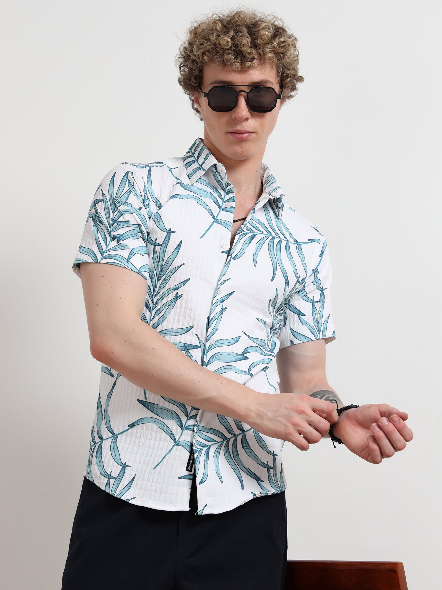 Blue leaf Half Sleeve Poly Cotton Digital Print Shirts