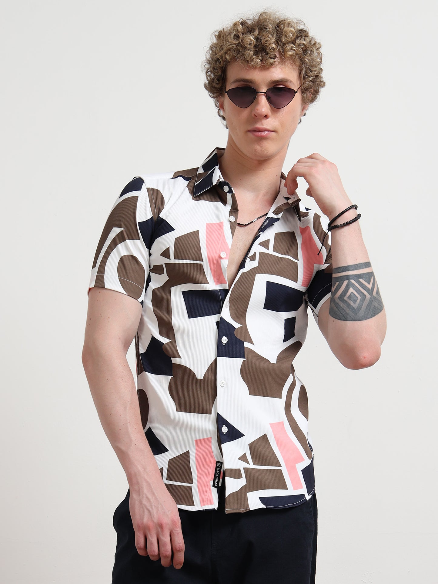 Cream Mix Half Sleeve Poly Cotton Digital Print Shirts