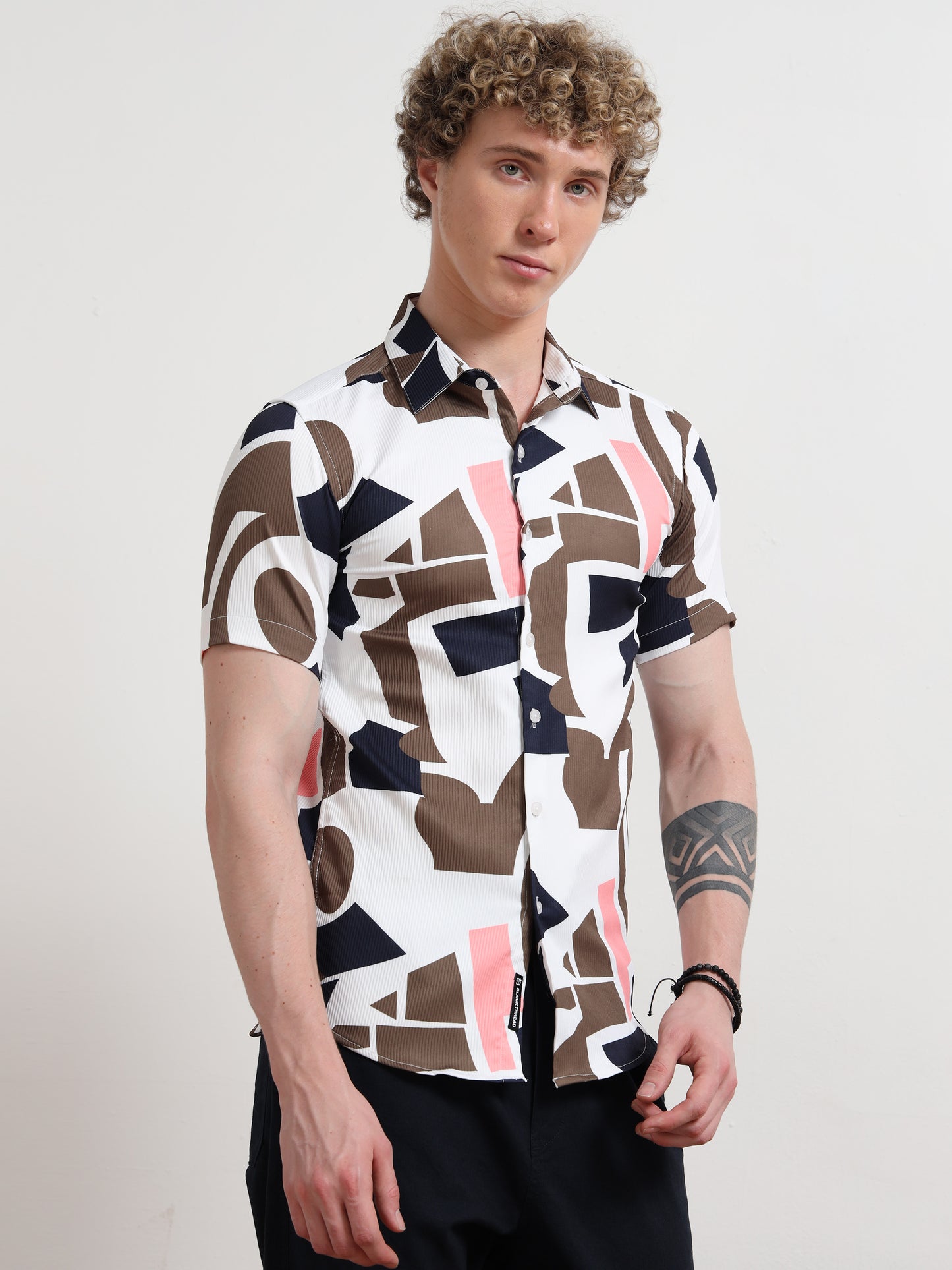 Cream Mix Half Sleeve Poly Cotton Digital Print Shirts