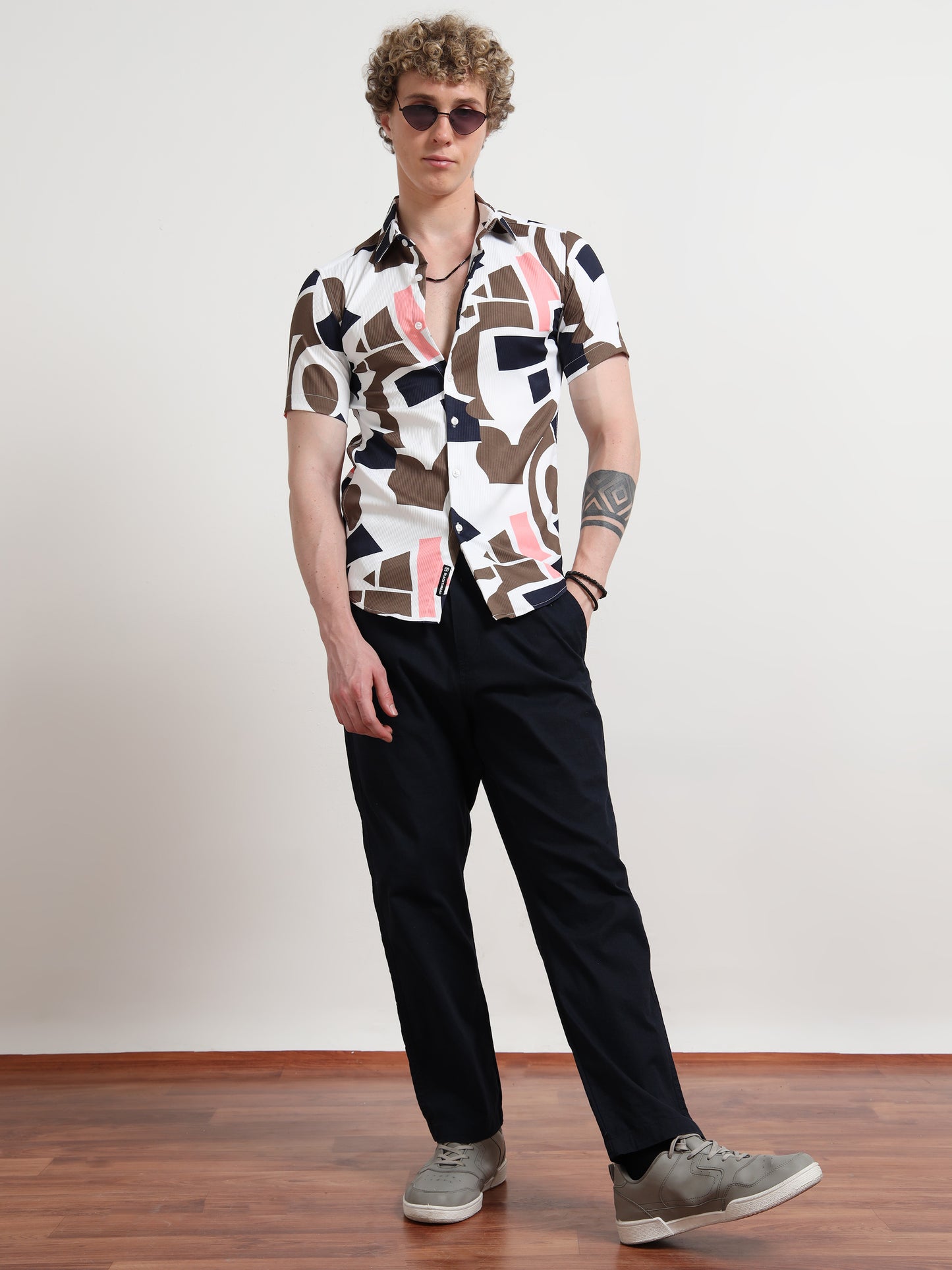 Cream Mix Half Sleeve Poly Cotton Digital Print Shirts