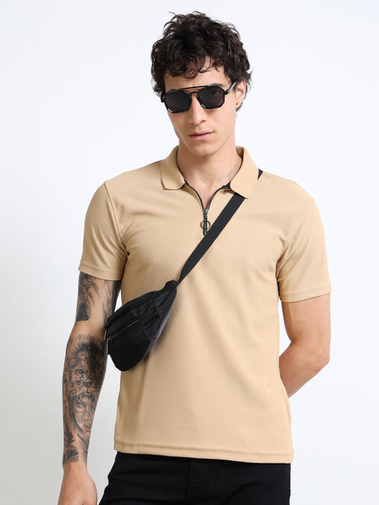 Men’s Beige Textured Quarter-Zip Polo by Black Thread