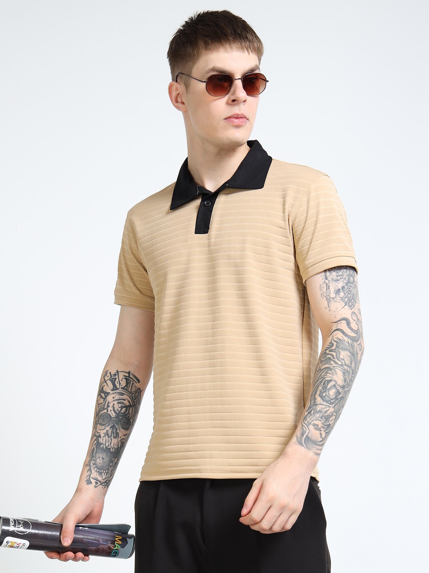 Men’s Contrast-Collar Textured Rib Polo by Black Thread