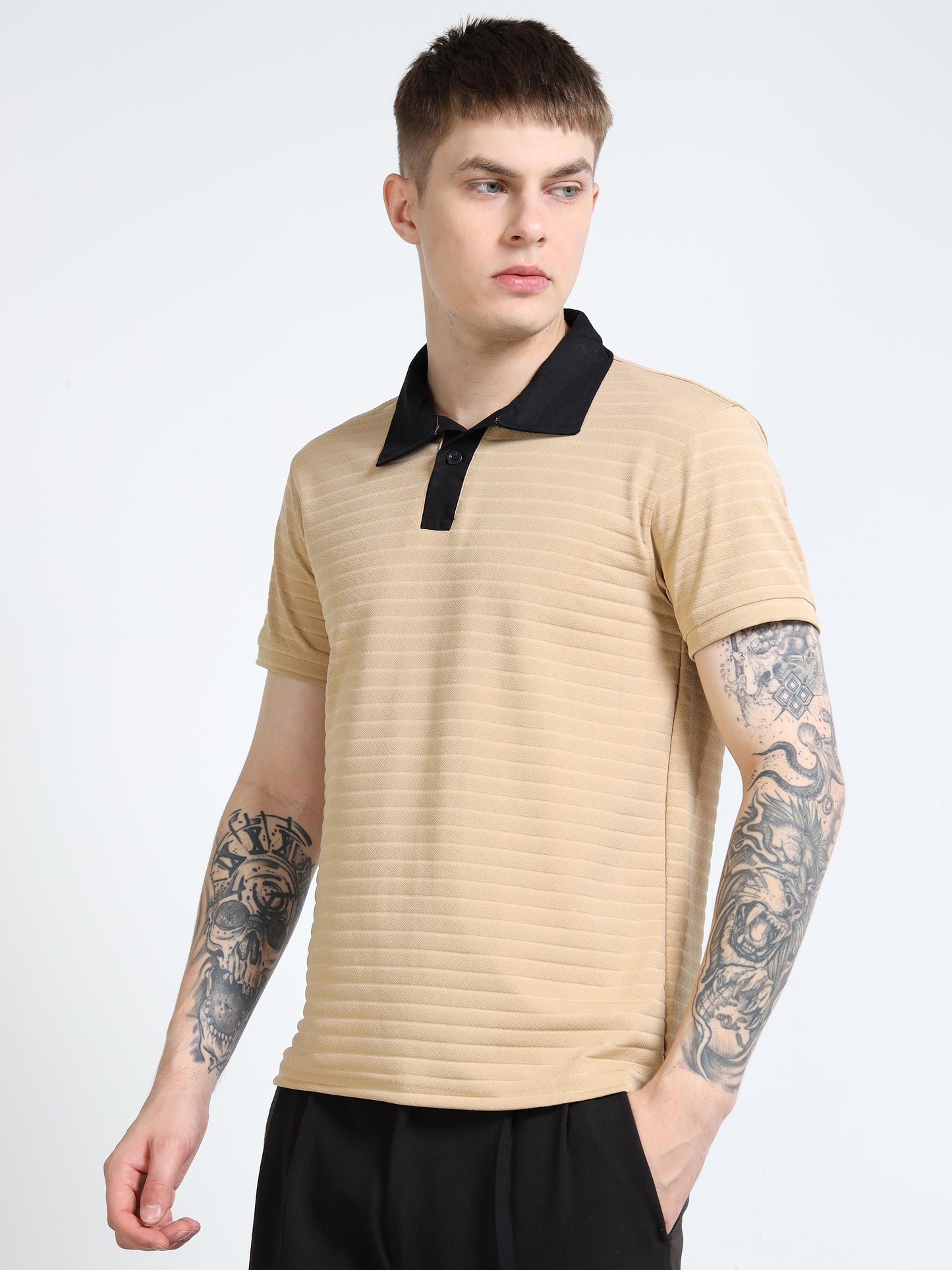 Men’s Contrast-Collar Textured Rib Polo by Black Thread