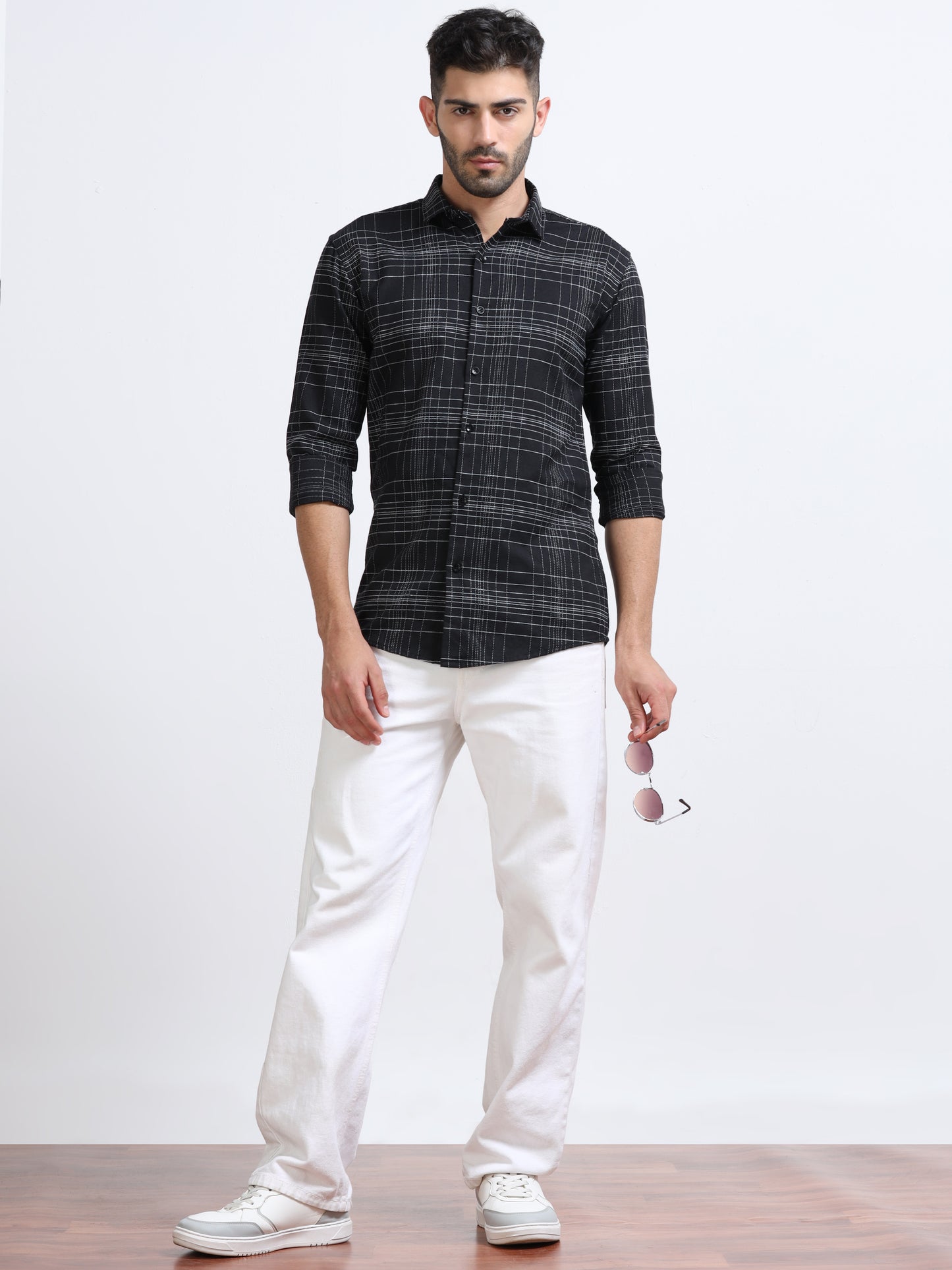 Black Men's Cotton Embroidered Checked Casual Shirt - Premium Comfort Fit