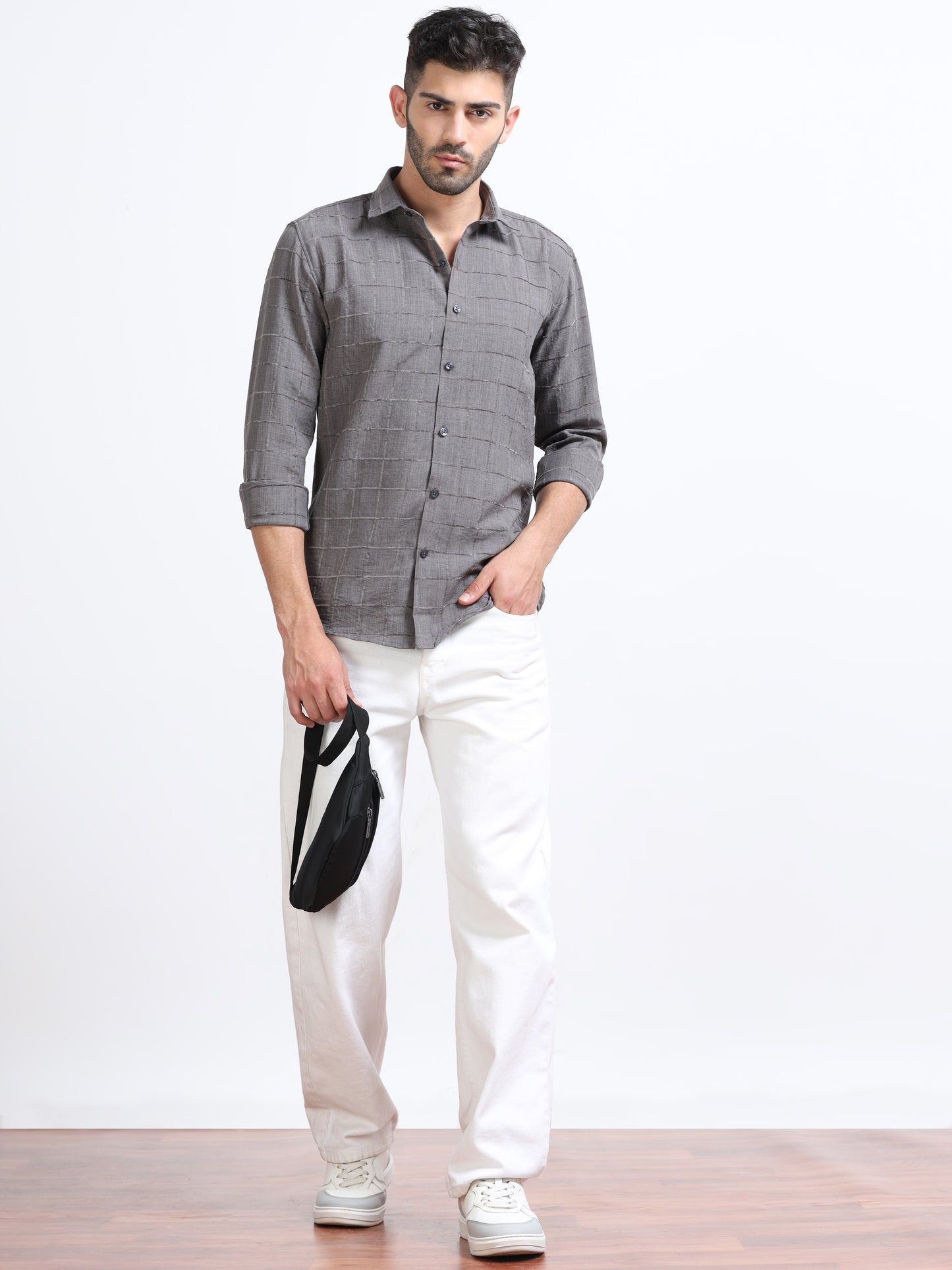 Grey Men's Cotton Checks Design Casual Shirt - Premium Comfort Fit