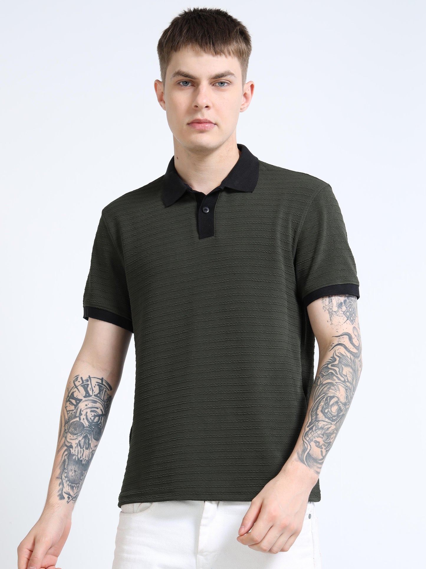 Men’s Olive/Black Contrast-Collar Textured Polo by Black Thread