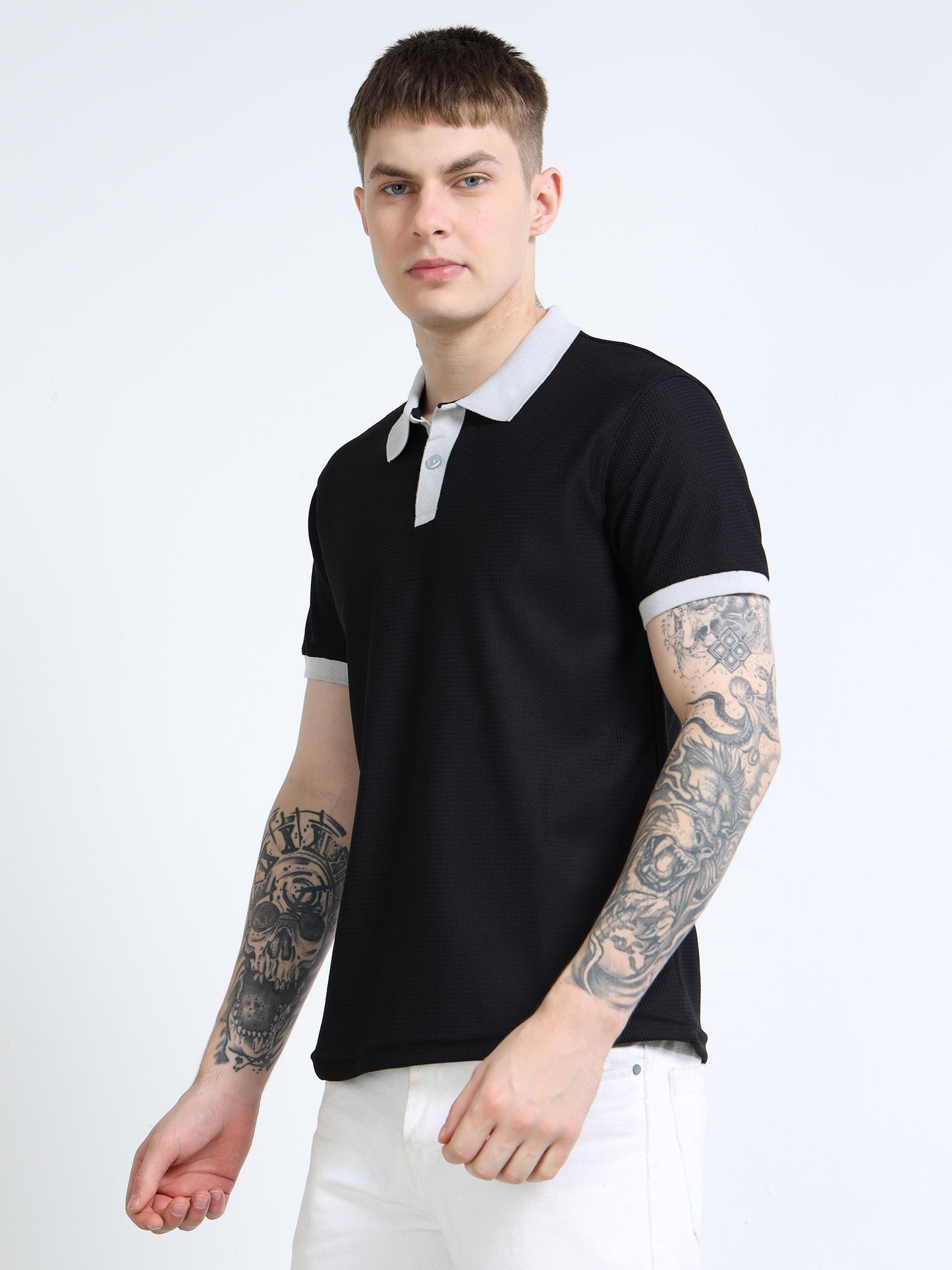 Men’s Contrast-Collar Textured Polo by Black Thread