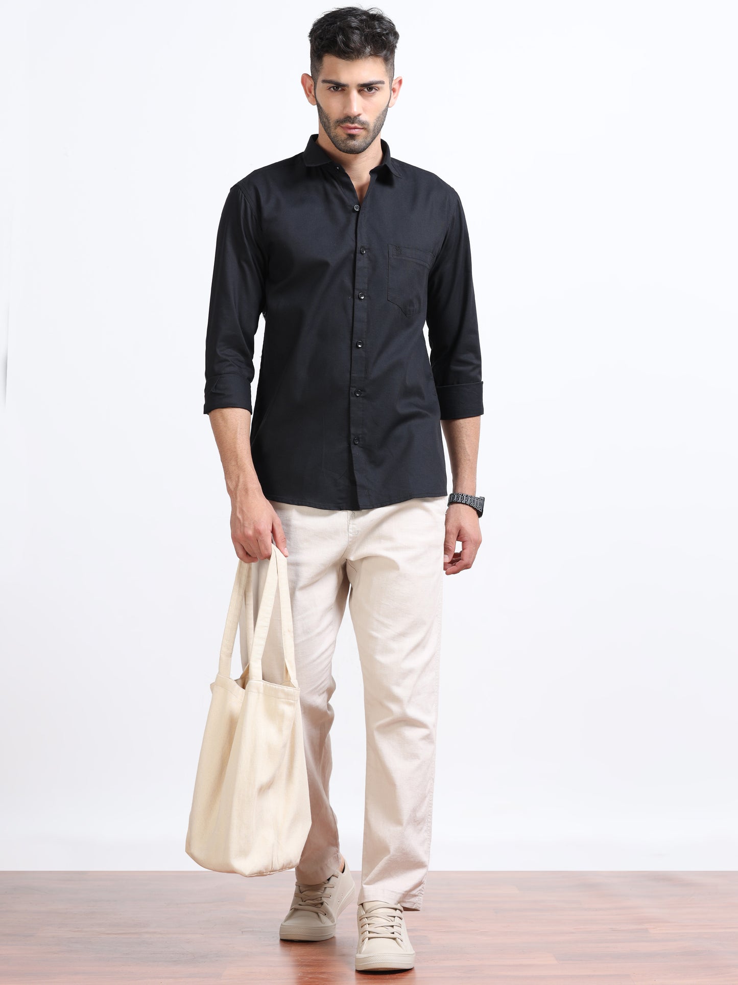 Black Men's Cotton Plain Casual Shirt - Premium Comfort Fit