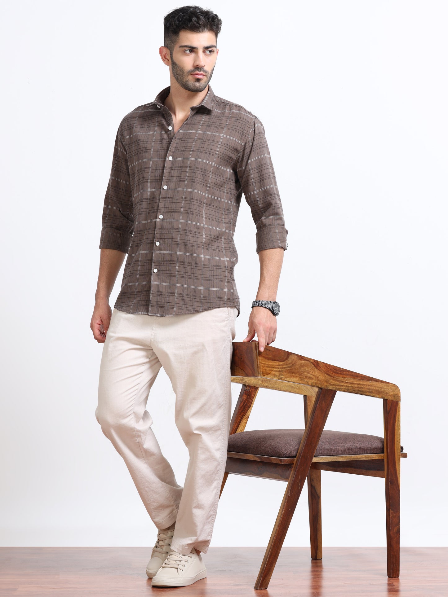 Brown Men's Cotton Embroidered Checked Casual Shirt - Premium Comfort Fit