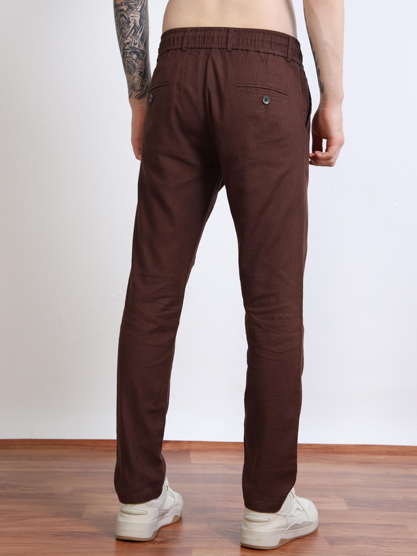 Men’s Brown Drawstring Linen Trousers Black Thread