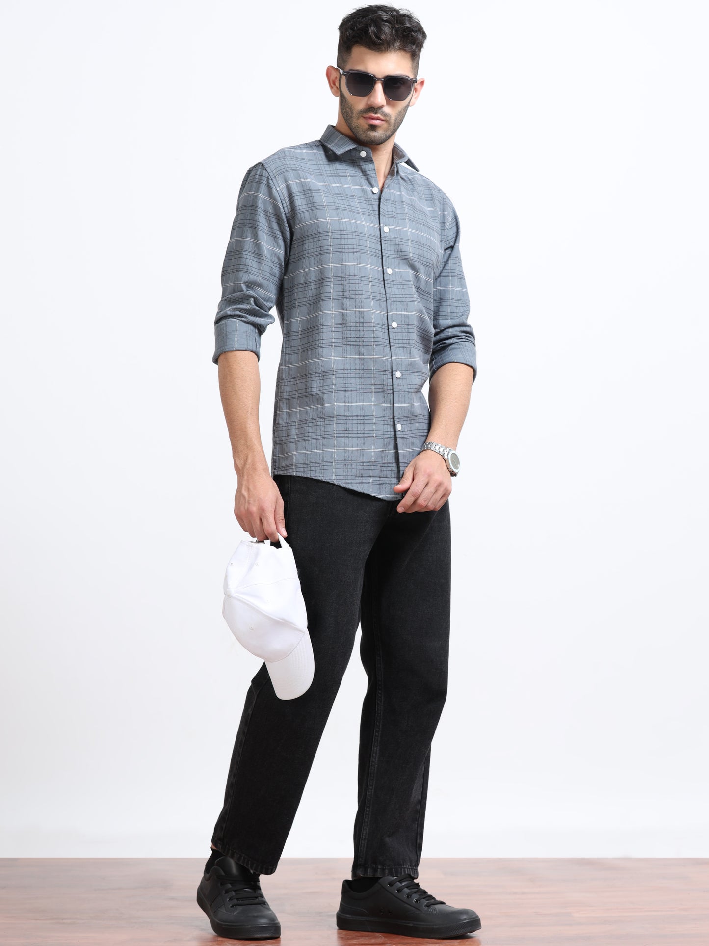 Grey Men's Cotton Embroidered Checked Casual Shirt - Premium Comfort Fit