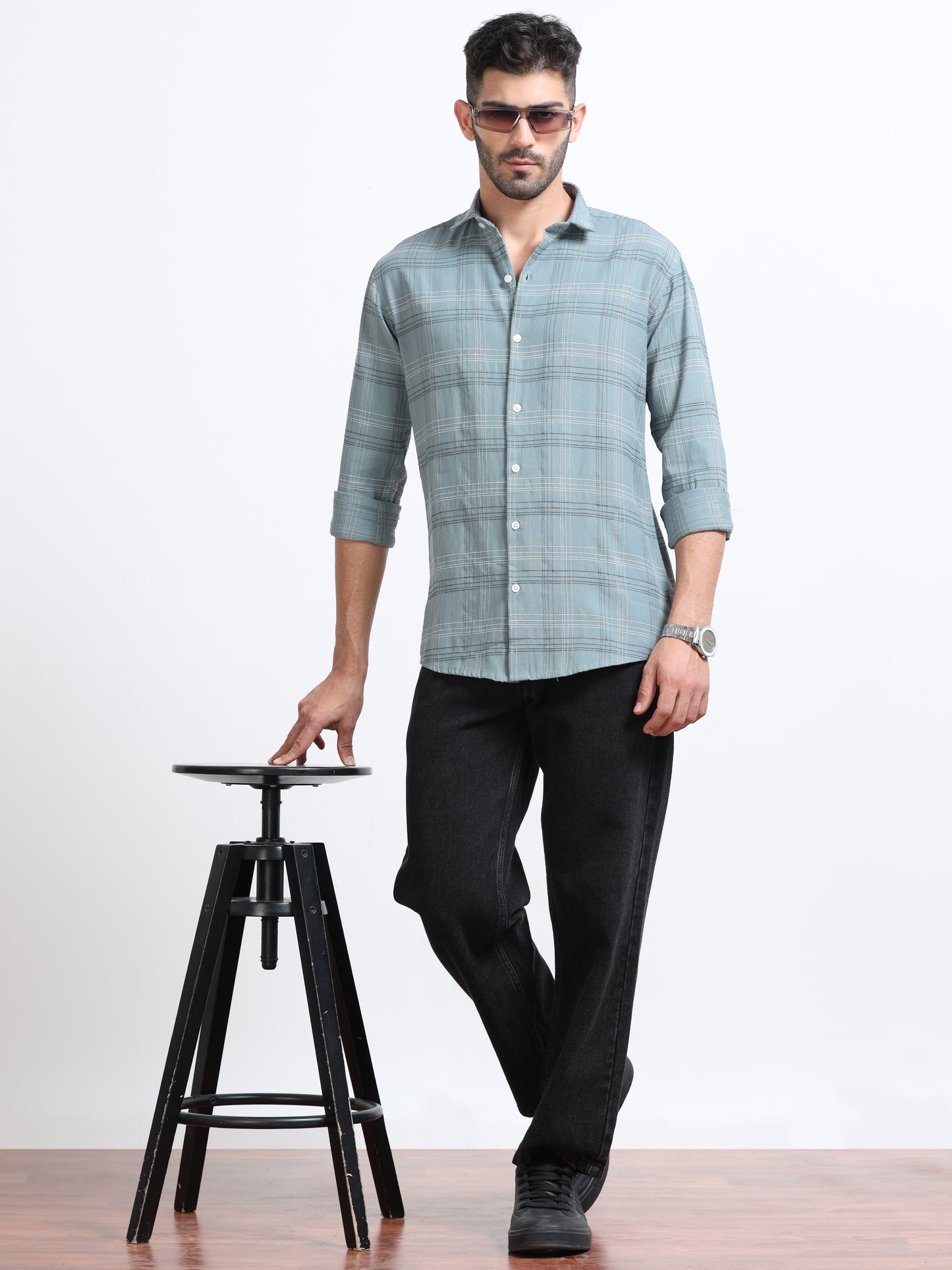 Light Blue Teal Men's Cotton Embroidered Checked Casual Shirt - Premium Comfort Fit