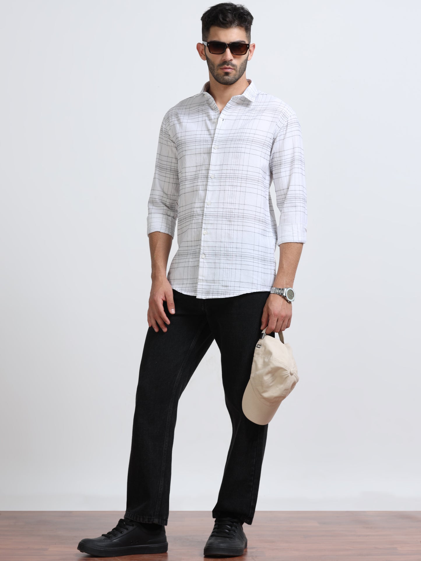 White Men's Cotton Embroidered Checked Casual Shirt - Premium Comfort Fit