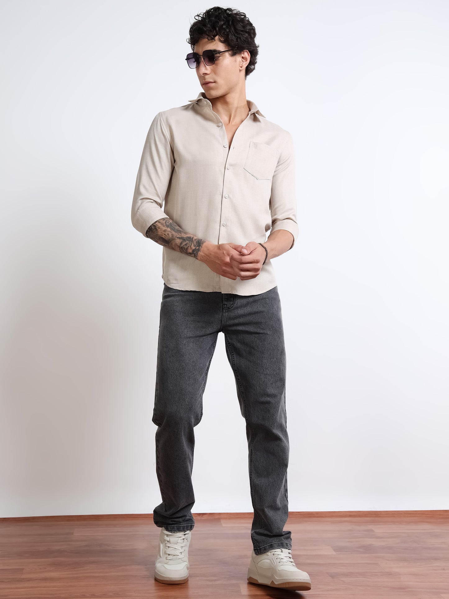 Men’s Beige Pure Linen Shirt by Black Thread
